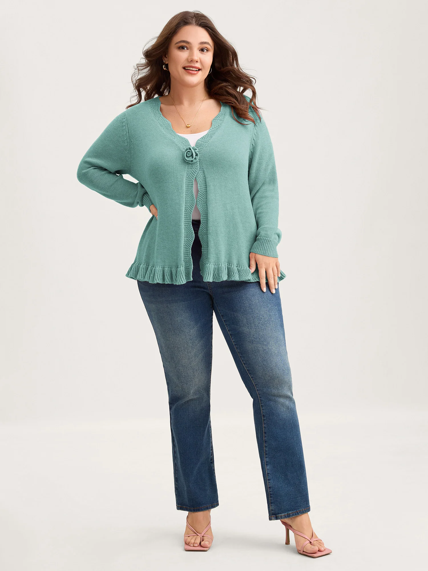 Supersoft Textured Floral Button Ruffled Hem Knit Cardigan - Image 21