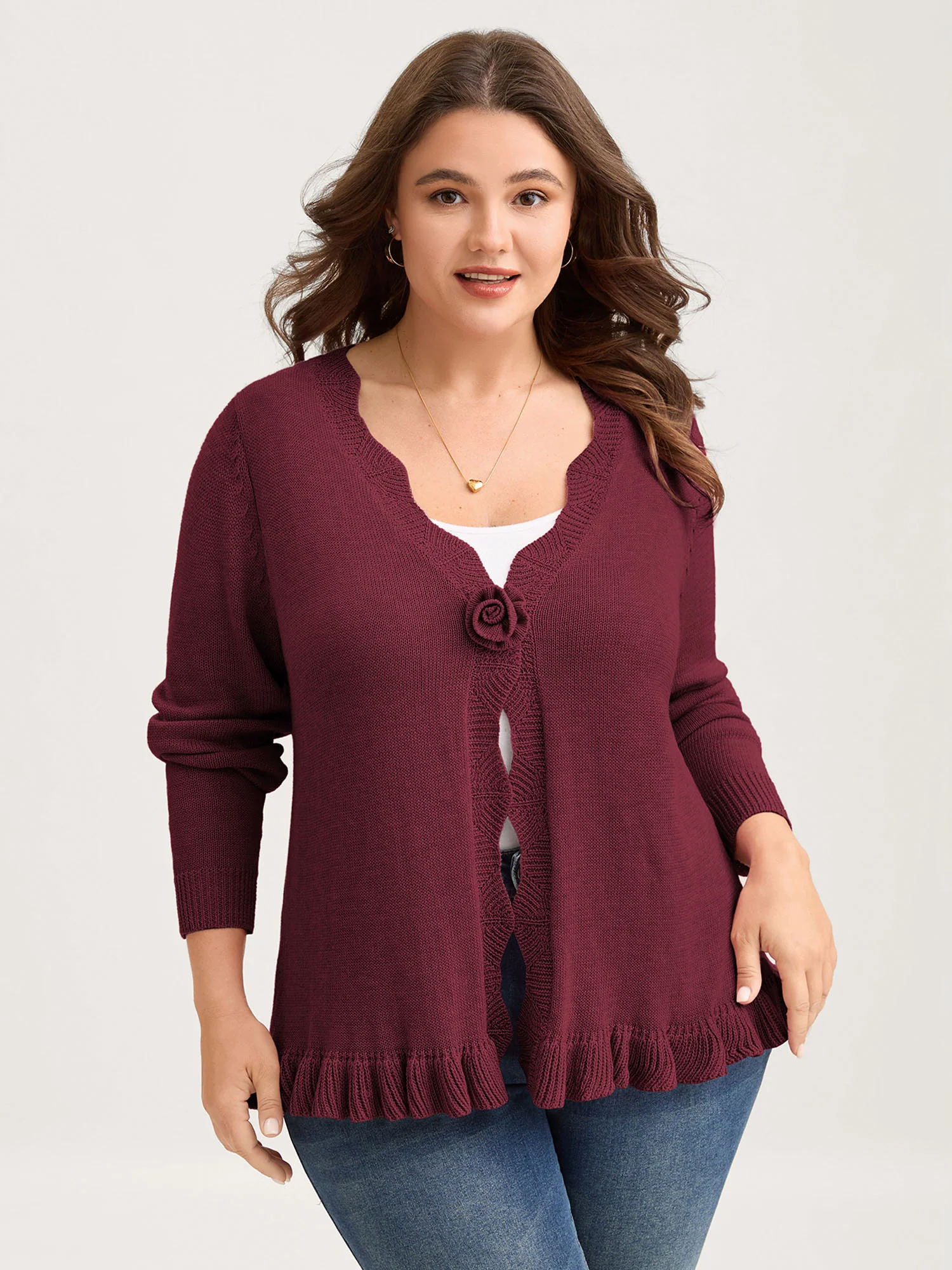 Supersoft Textured Floral Button Ruffled Hem Knit Cardigan - Image 24