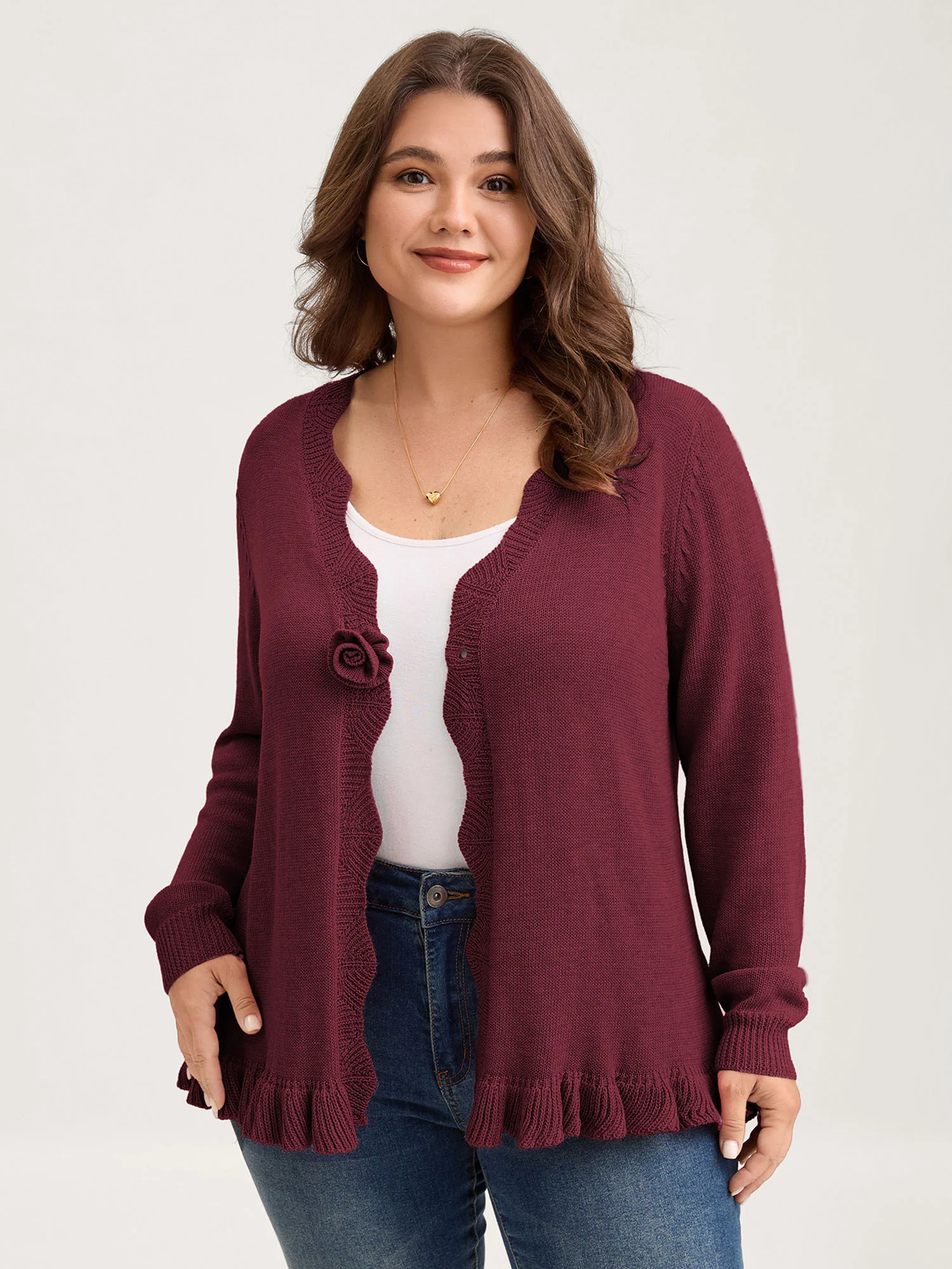 Supersoft Textured Floral Button Ruffled Hem Knit Cardigan - Image 25