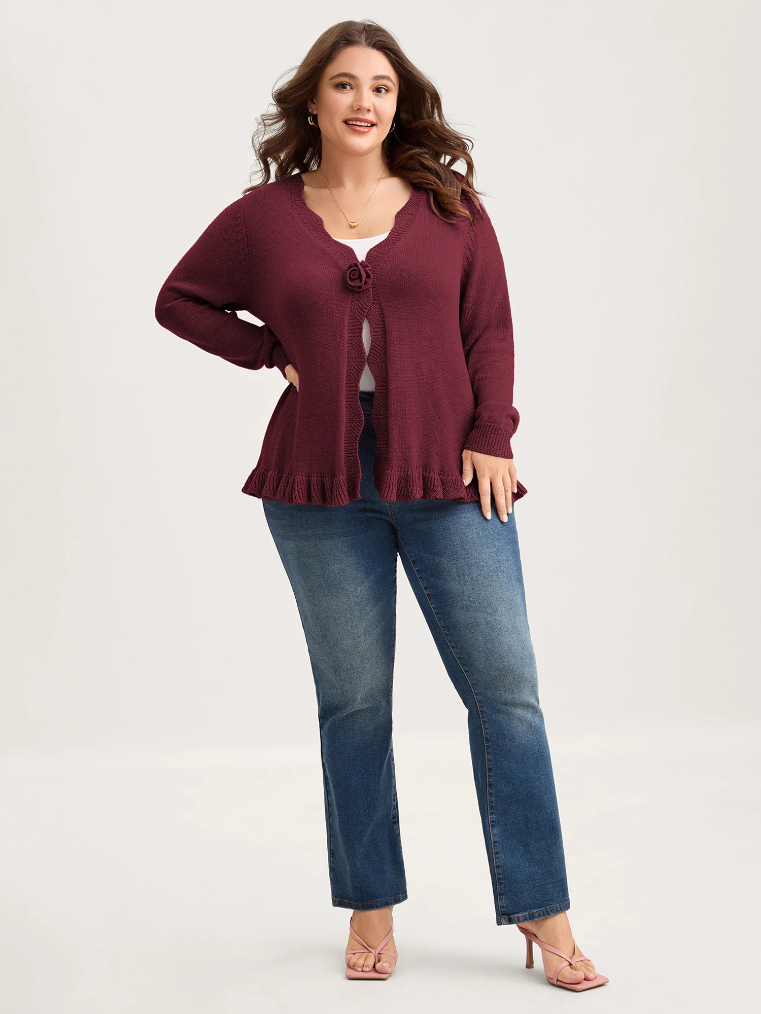 Supersoft Textured Floral Button Ruffled Hem Knit Cardigan - Image 26