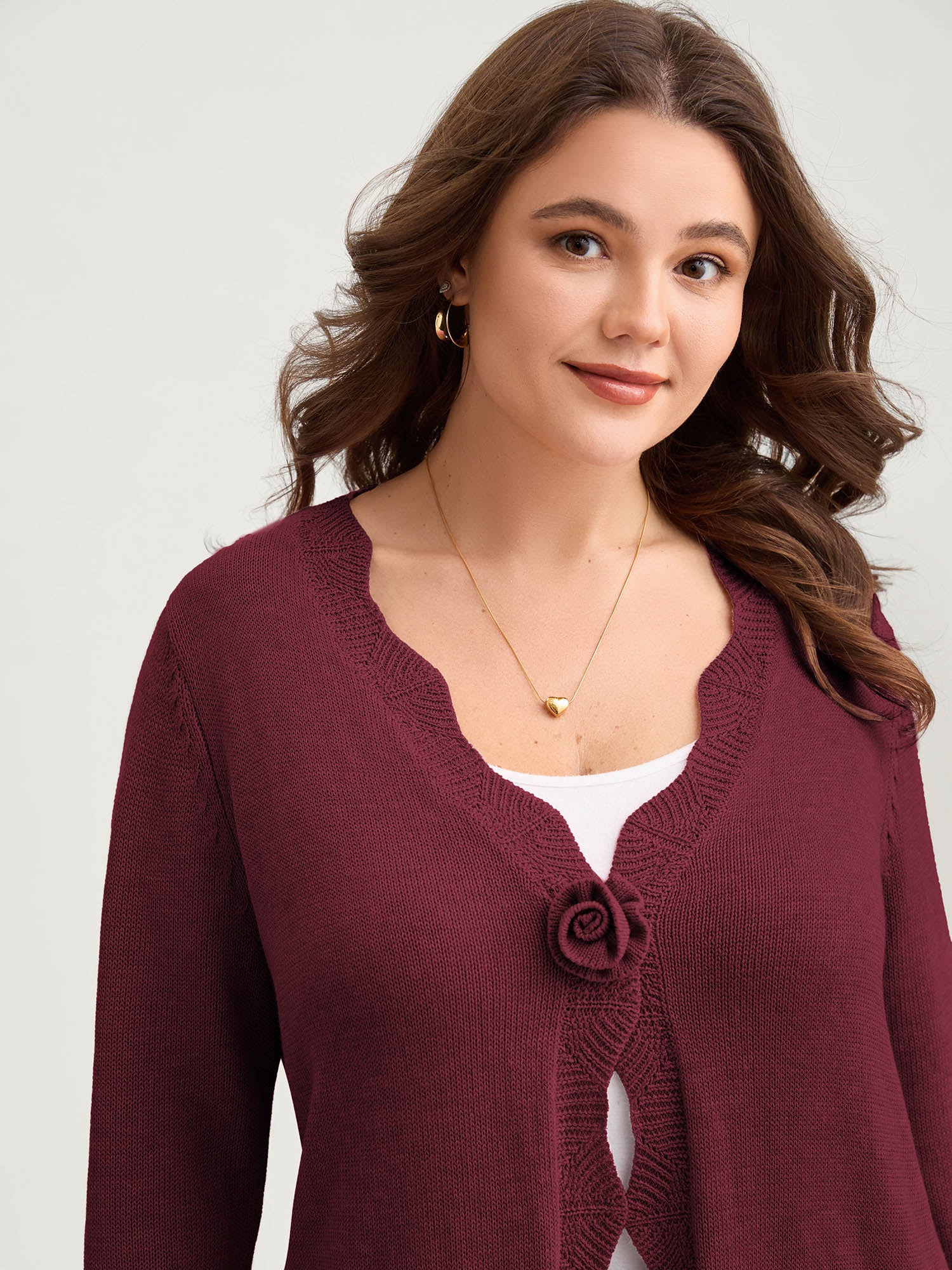Supersoft Textured Floral Button Ruffled Hem Knit Cardigan - Image 28