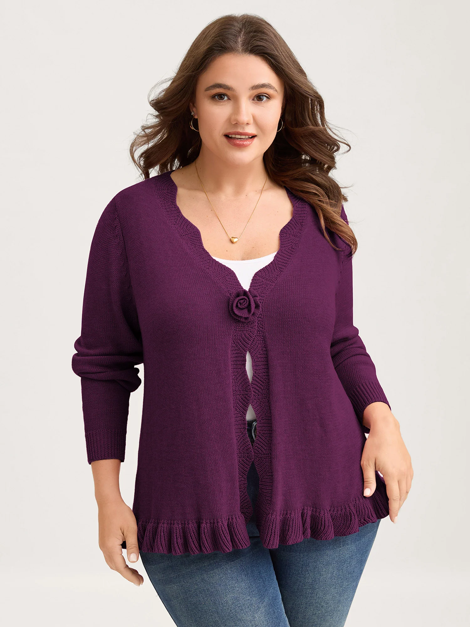 Supersoft Textured Floral Button Ruffled Hem Knit Cardigan - Image 29