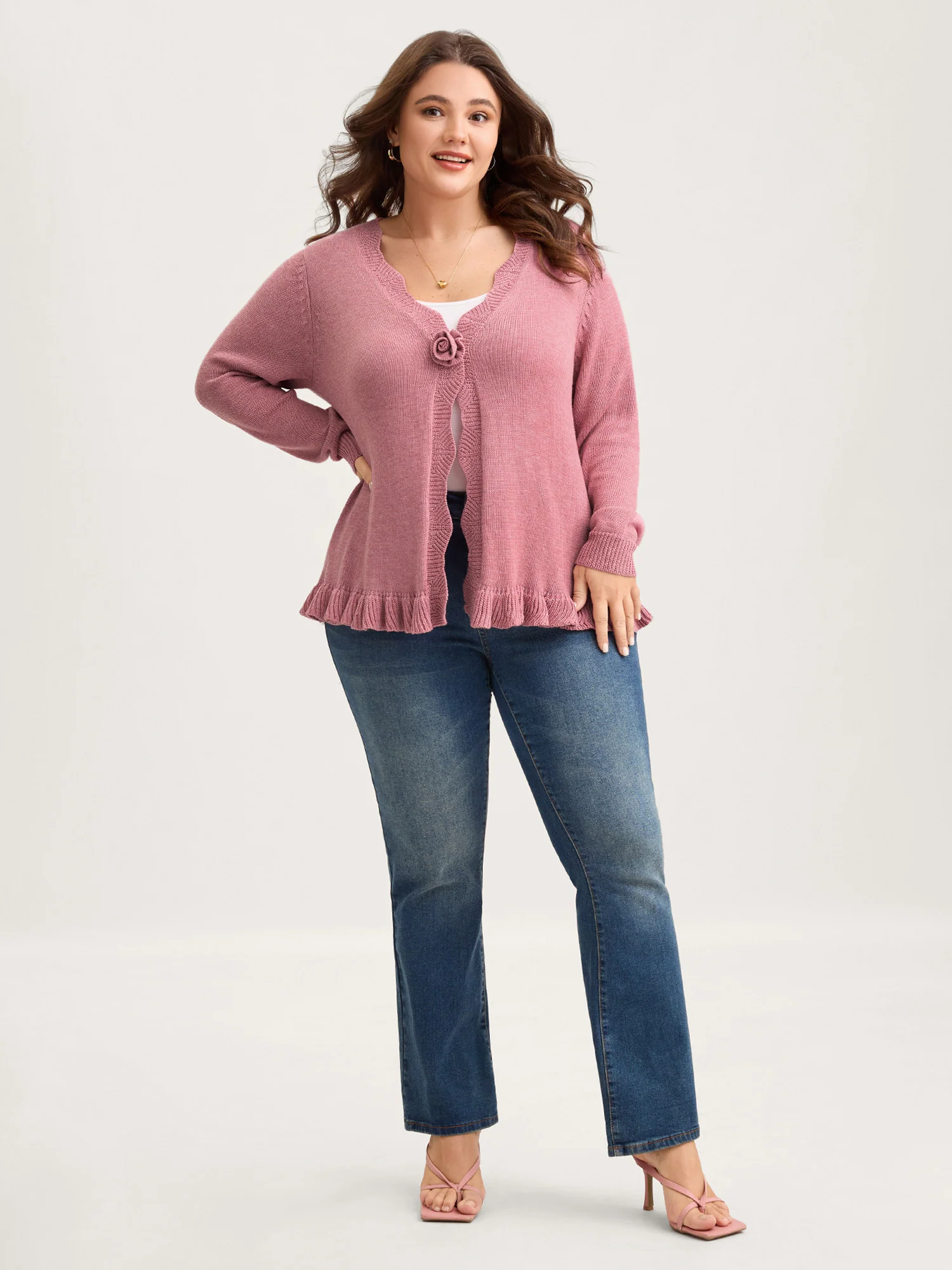 Supersoft Textured Floral Button Ruffled Hem Knit Cardigan - Image 3