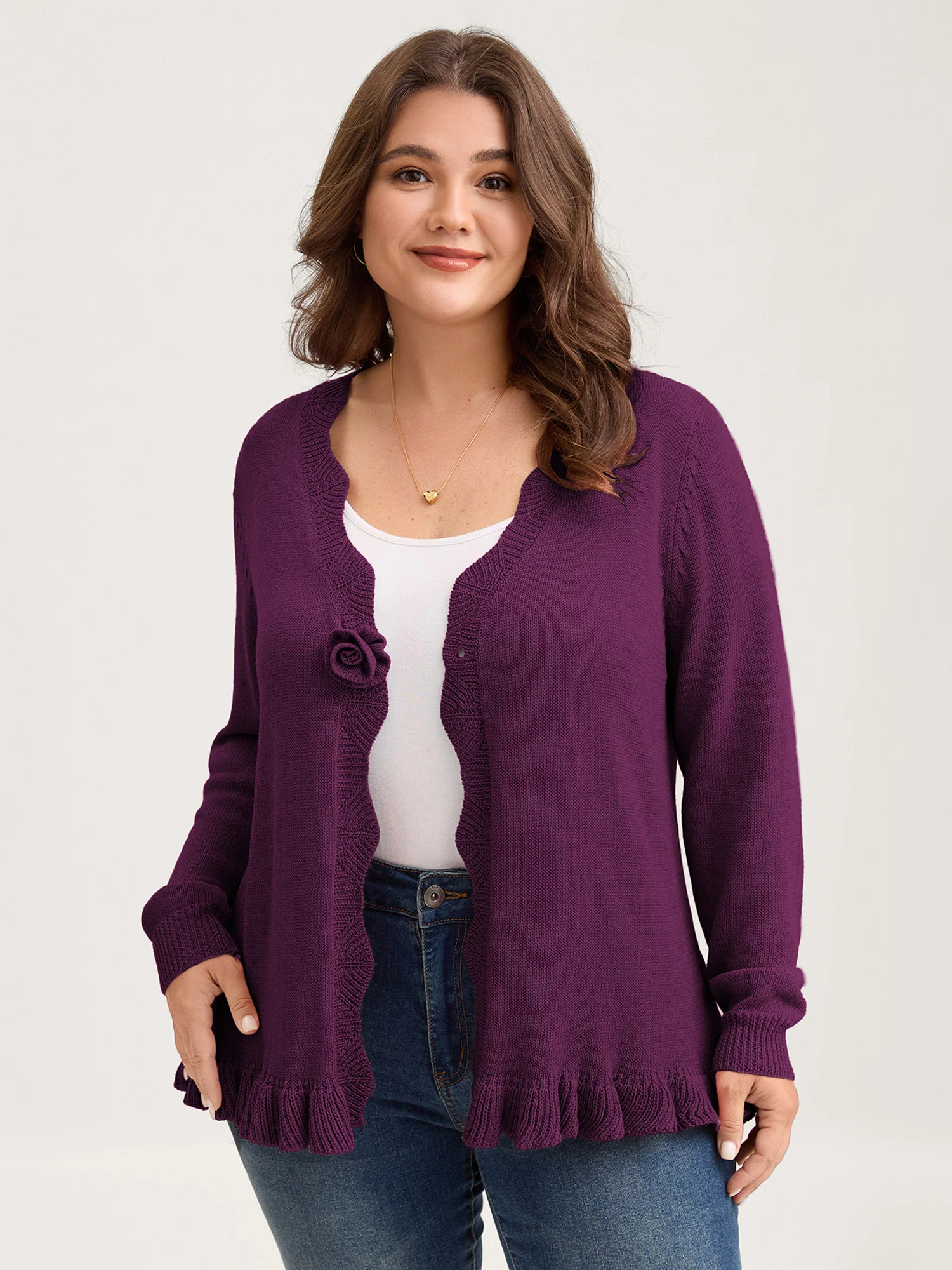 Supersoft Textured Floral Button Ruffled Hem Knit Cardigan - Image 30