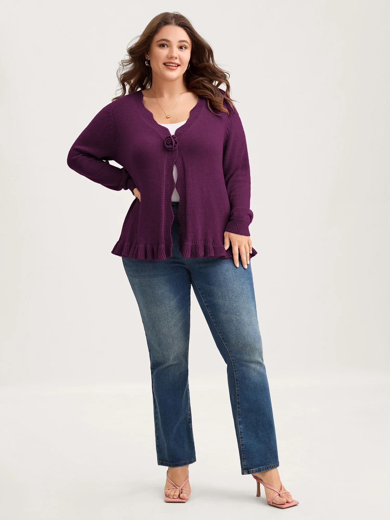Supersoft Textured Floral Button Ruffled Hem Knit Cardigan - Image 31