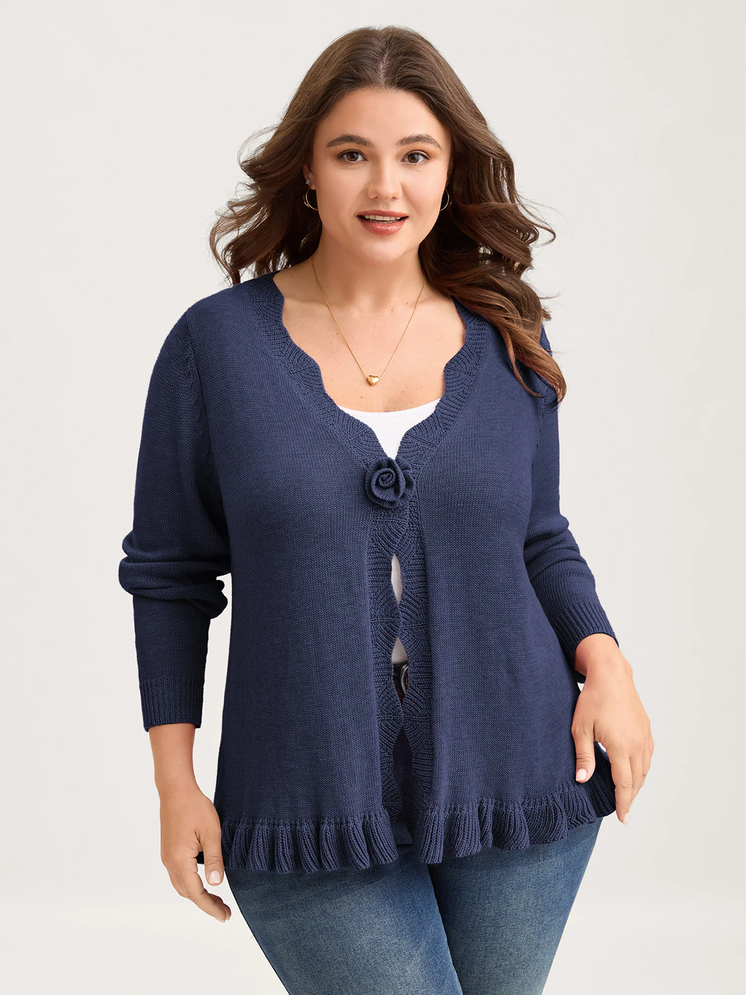 Supersoft Textured Floral Button Ruffled Hem Knit Cardigan - Image 34