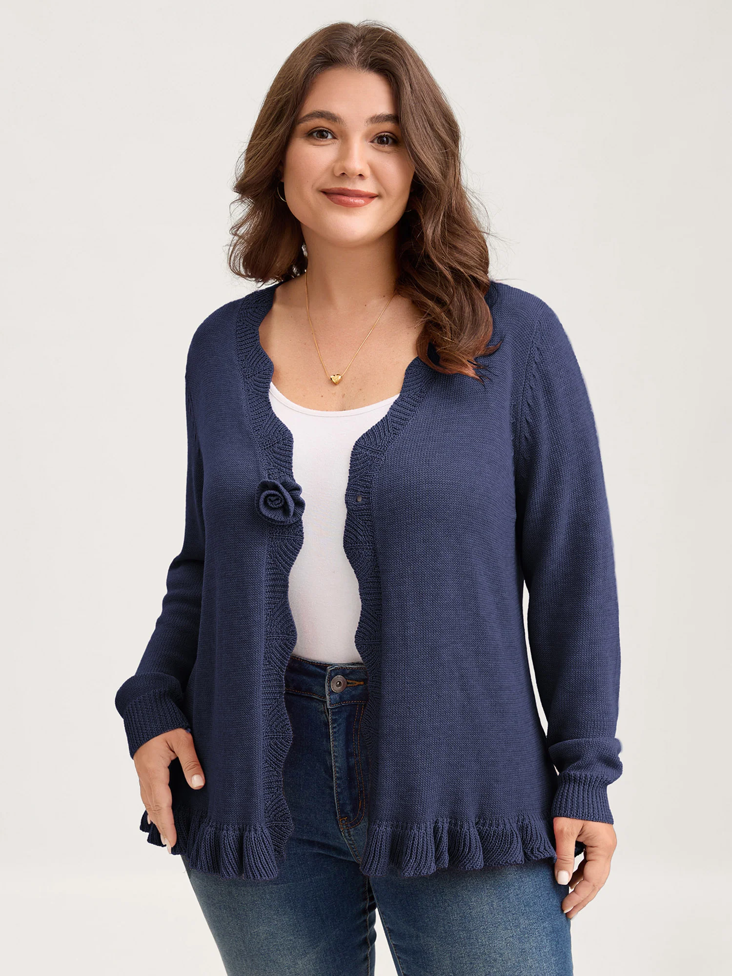 Supersoft Textured Floral Button Ruffled Hem Knit Cardigan - Image 35