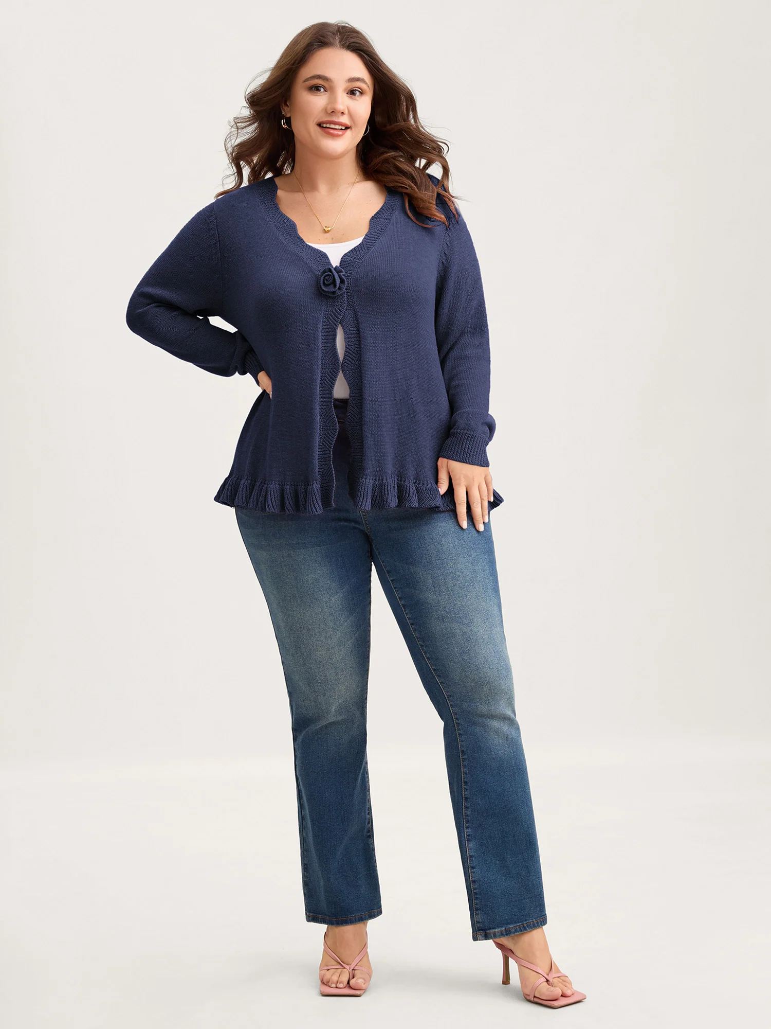 Supersoft Textured Floral Button Ruffled Hem Knit Cardigan - Image 36