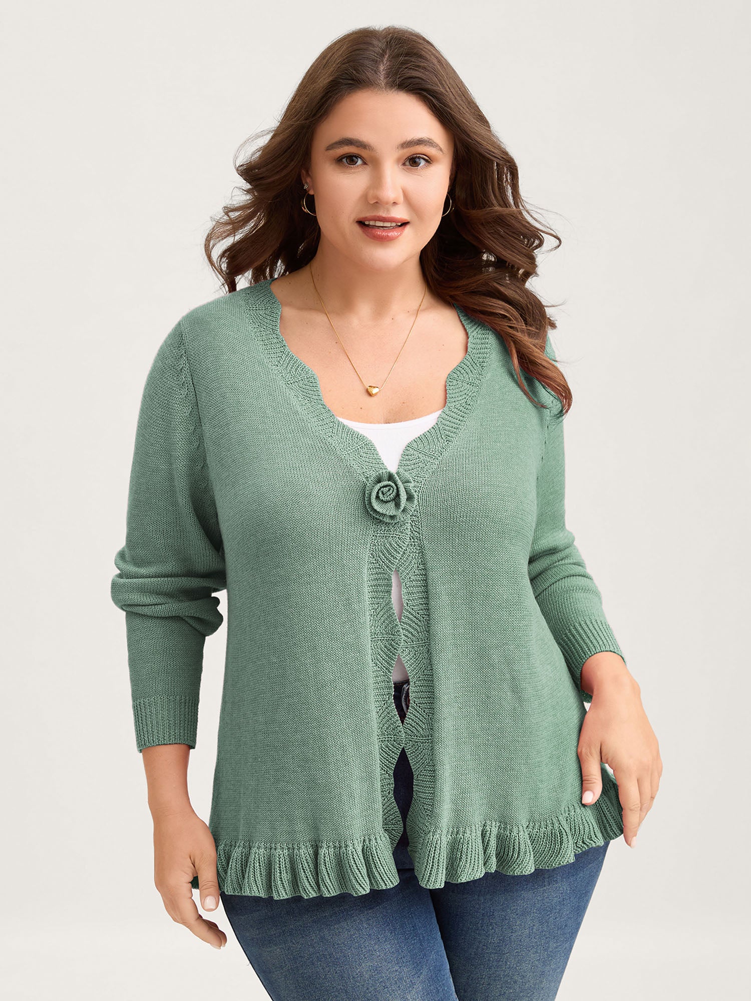 Supersoft Textured Floral Button Ruffled Hem Knit Cardigan - Image 39