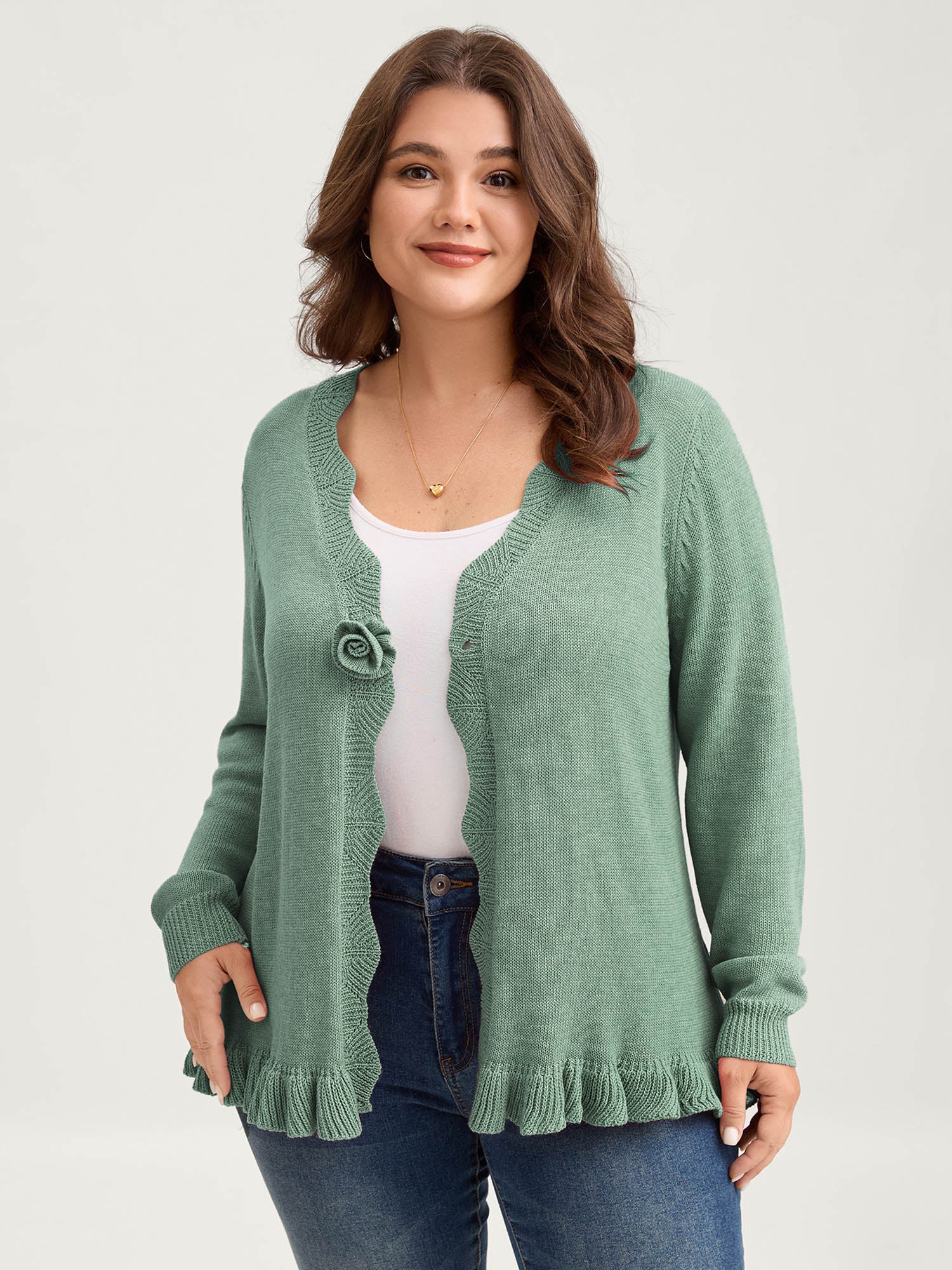 Supersoft Textured Floral Button Ruffled Hem Knit Cardigan - Image 40