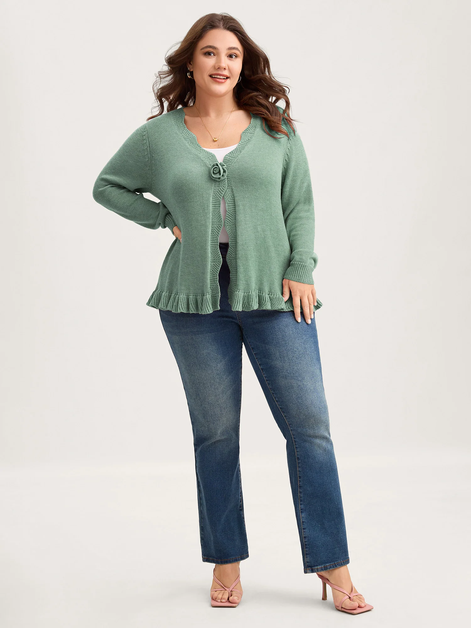 Supersoft Textured Floral Button Ruffled Hem Knit Cardigan - Image 41