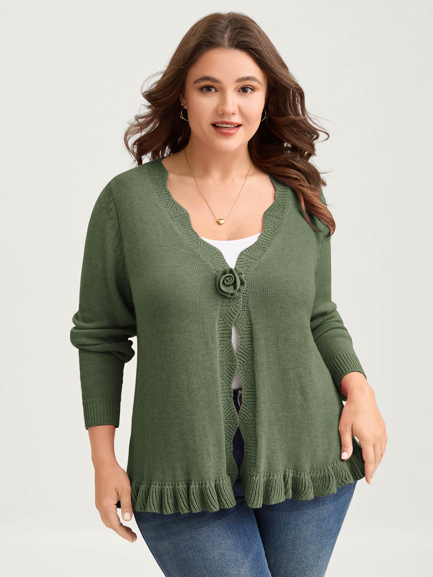 Supersoft Textured Floral Button Ruffled Hem Knit Cardigan - Image 44