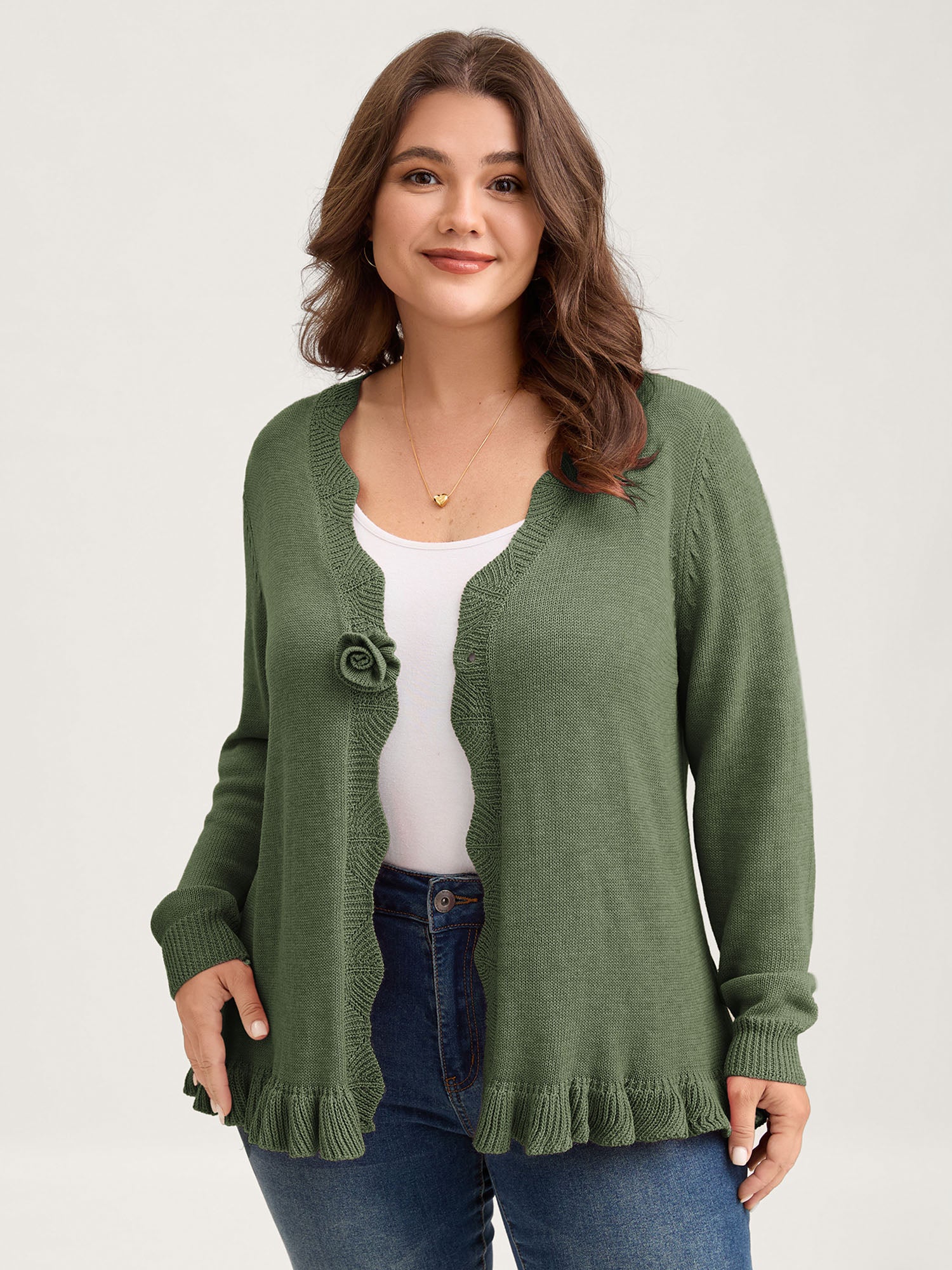 Supersoft Textured Floral Button Ruffled Hem Knit Cardigan - Image 45
