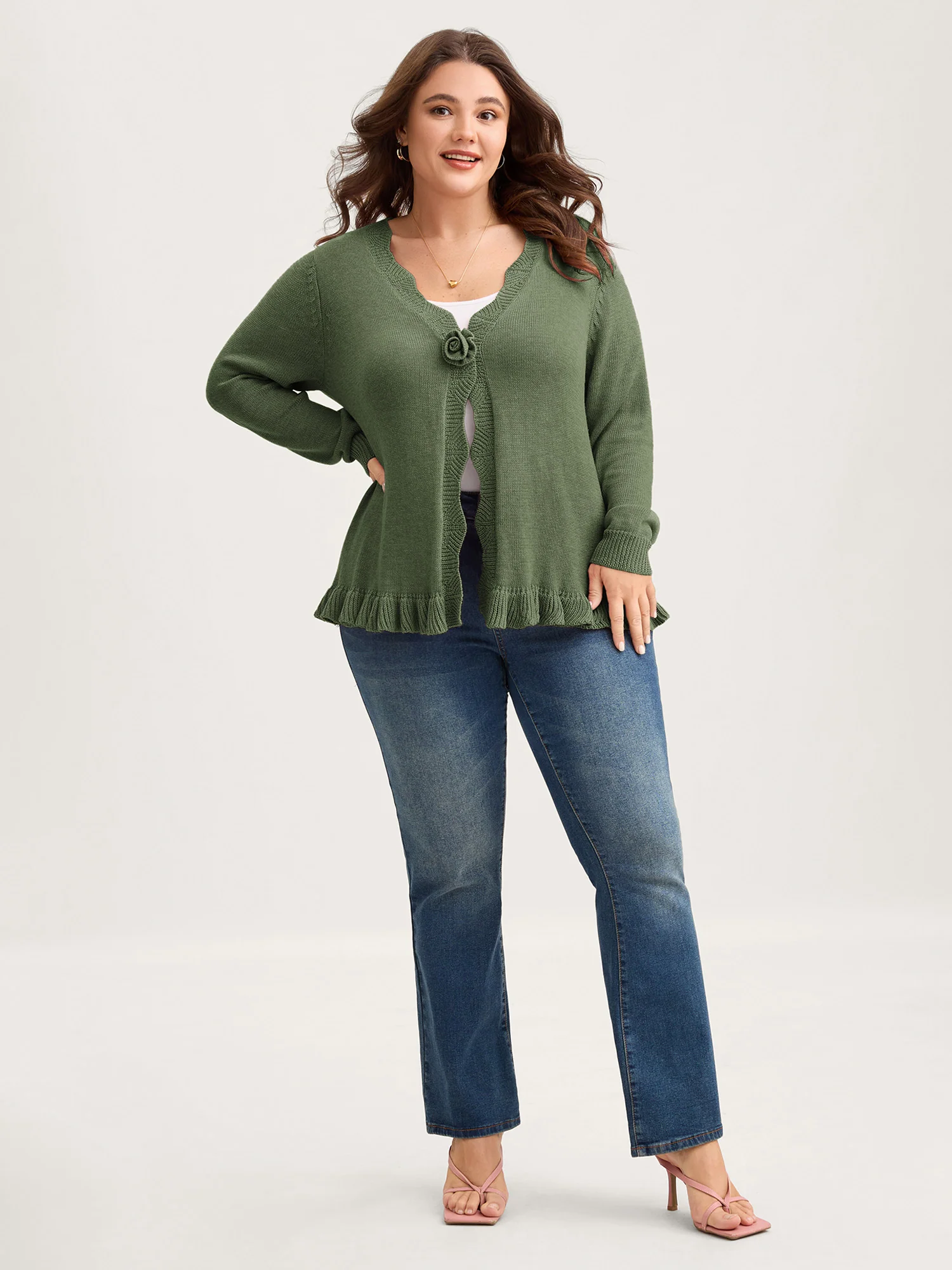 Supersoft Textured Floral Button Ruffled Hem Knit Cardigan - Image 46