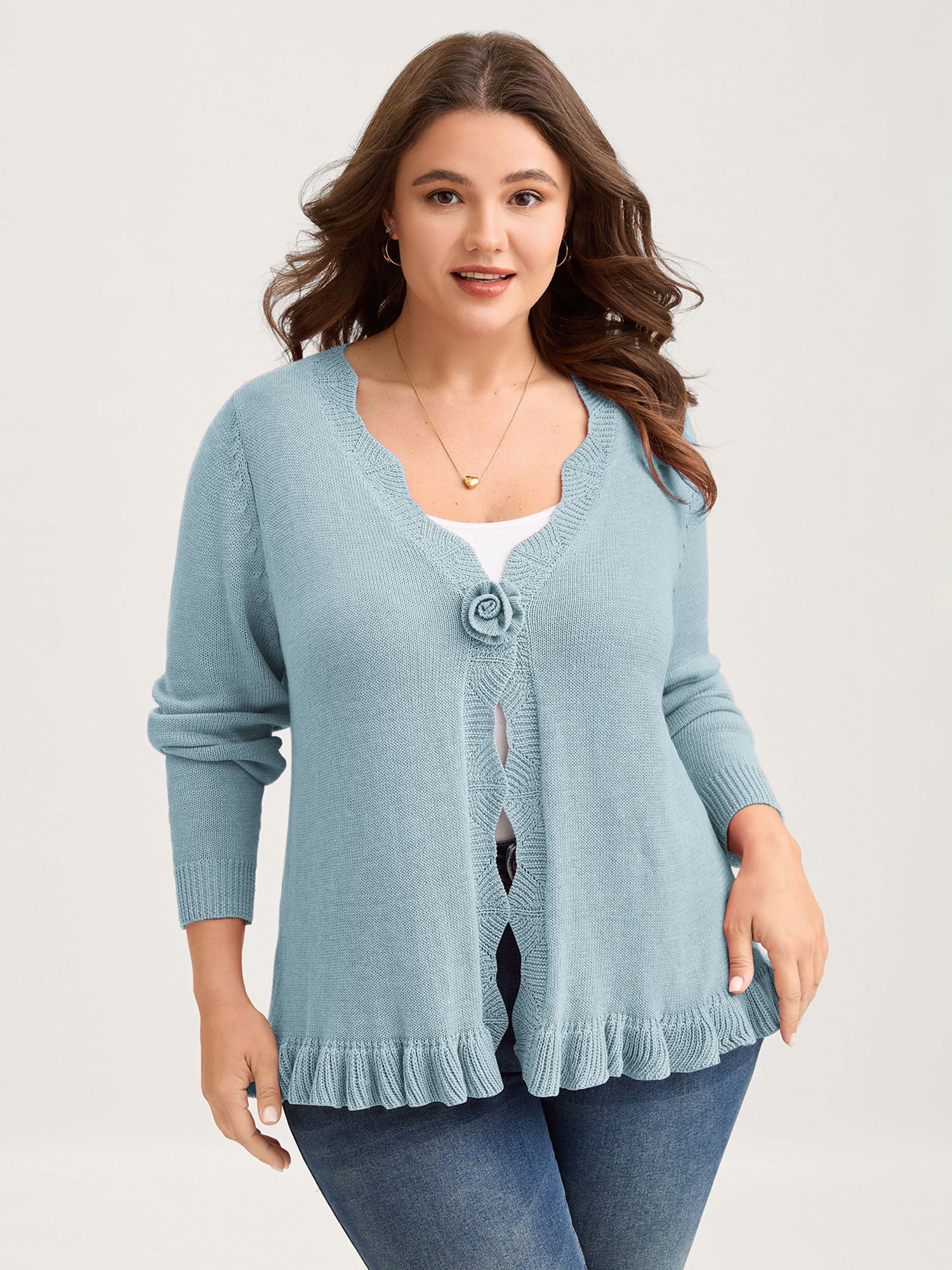 Supersoft Textured Floral Button Ruffled Hem Knit Cardigan - Image 49
