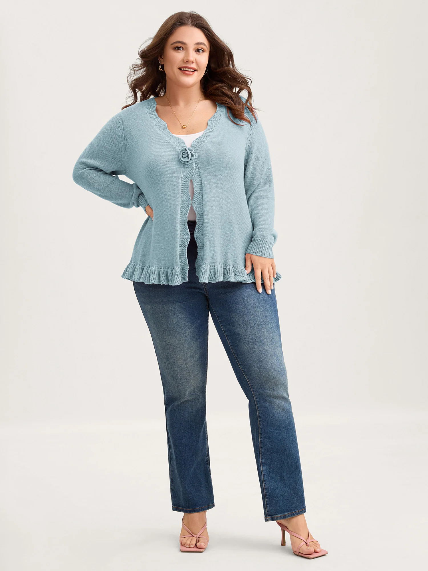 Supersoft Textured Floral Button Ruffled Hem Knit Cardigan - Image 51