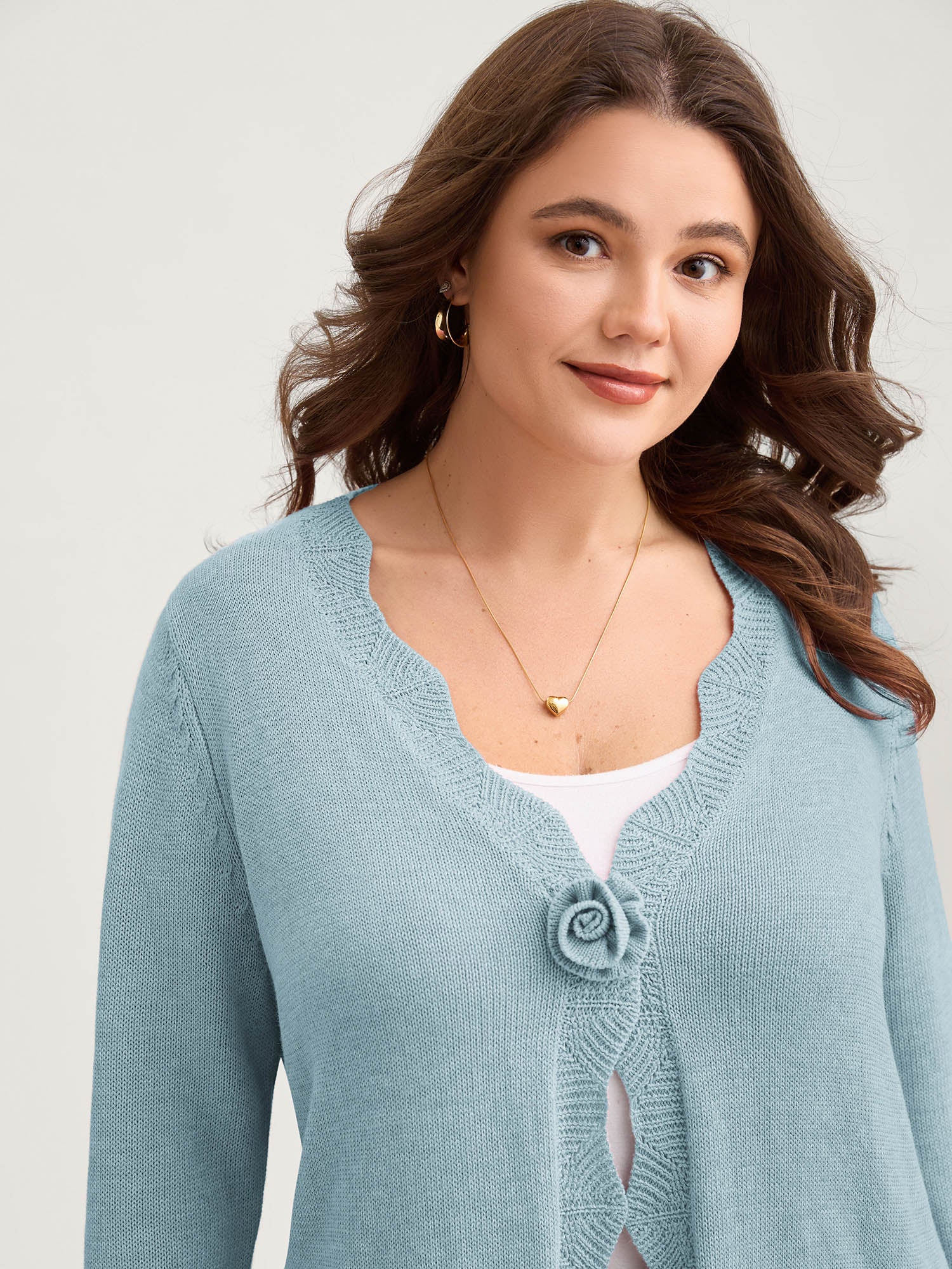 Supersoft Textured Floral Button Ruffled Hem Knit Cardigan - Image 53