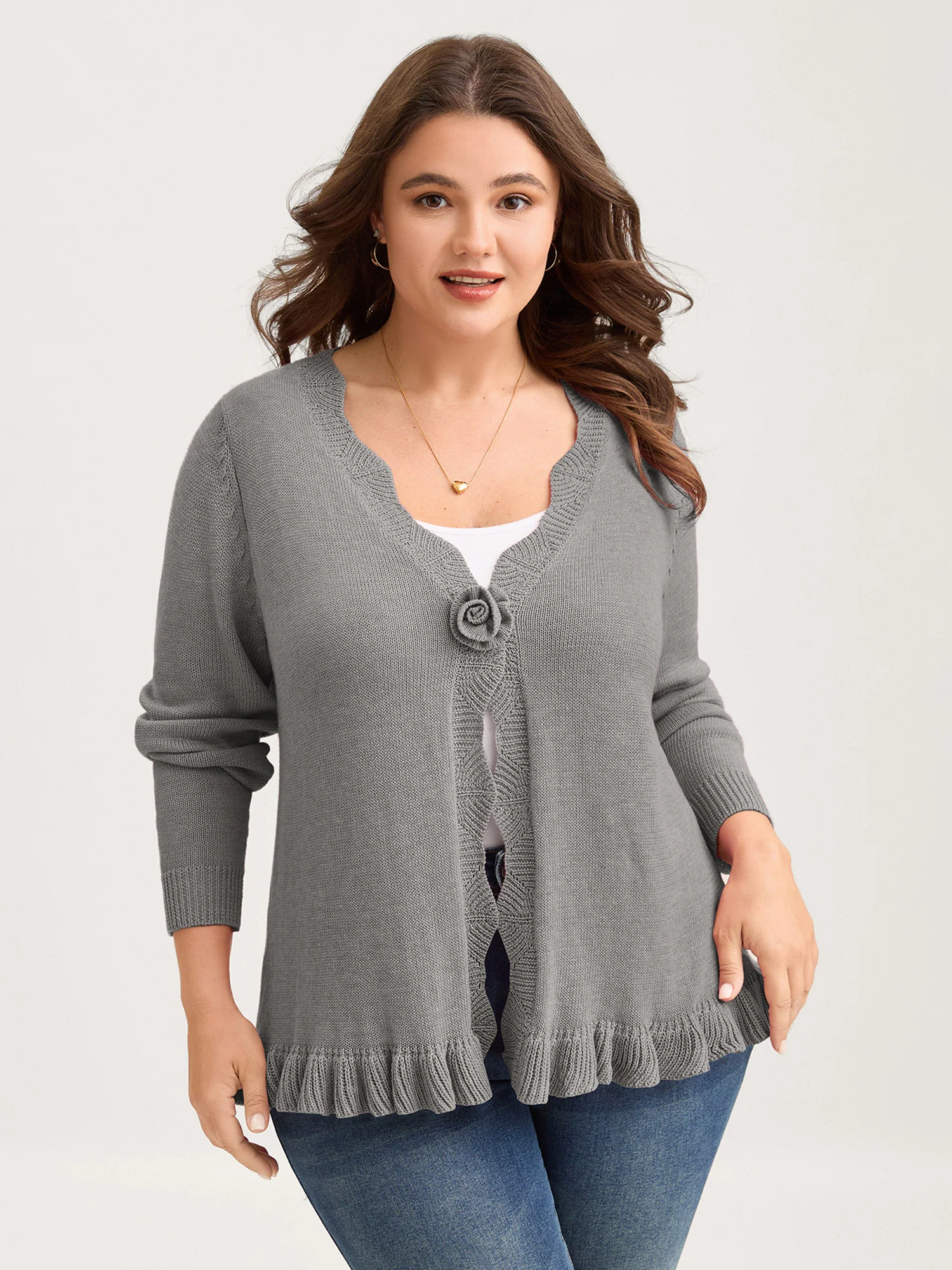 Supersoft Textured Floral Button Ruffled Hem Knit Cardigan - Image 54