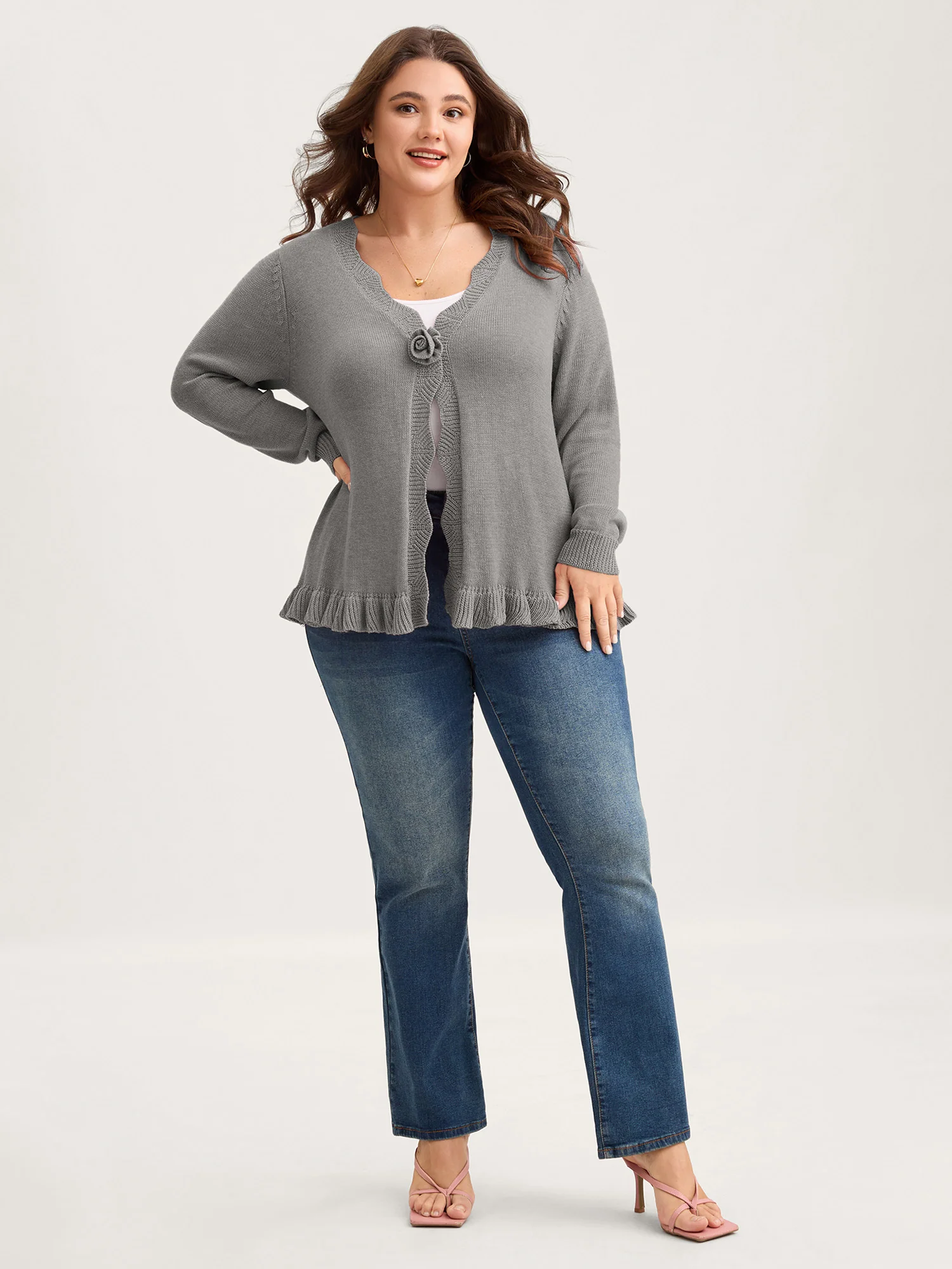 Supersoft Textured Floral Button Ruffled Hem Knit Cardigan - Image 56