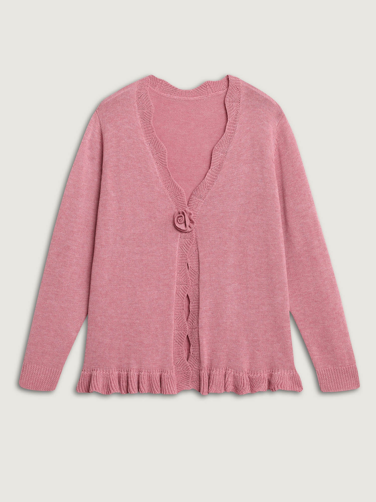 Supersoft Textured Floral Button Ruffled Hem Knit Cardigan - Image 8