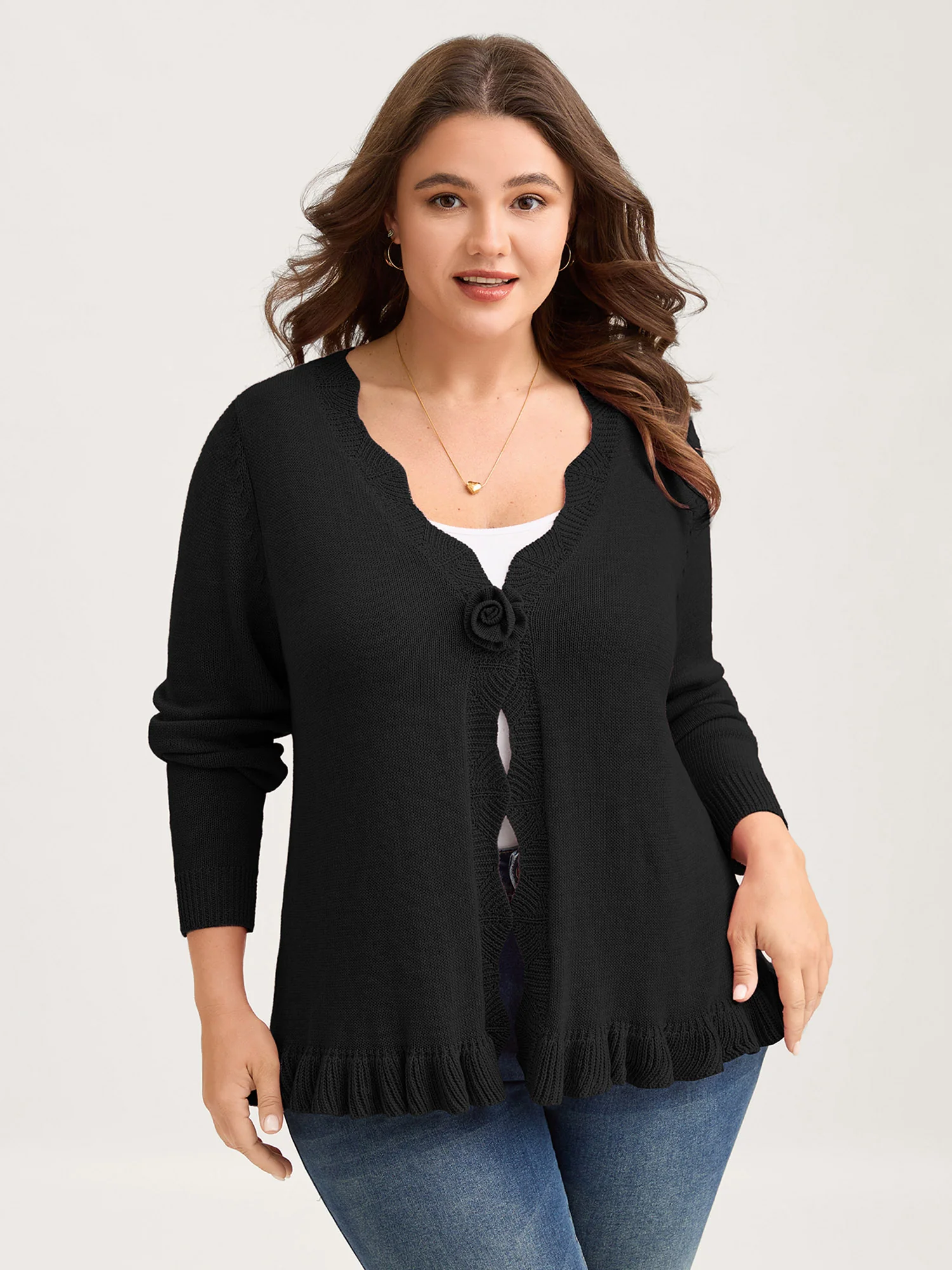 Supersoft Textured Floral Button Ruffled Hem Knit Cardigan - Image 9