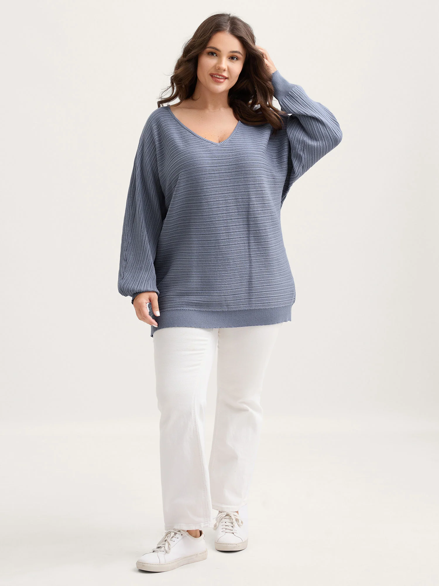 Supersoft Textured V-Neck Batwing Sleeve Pullover - Image 3