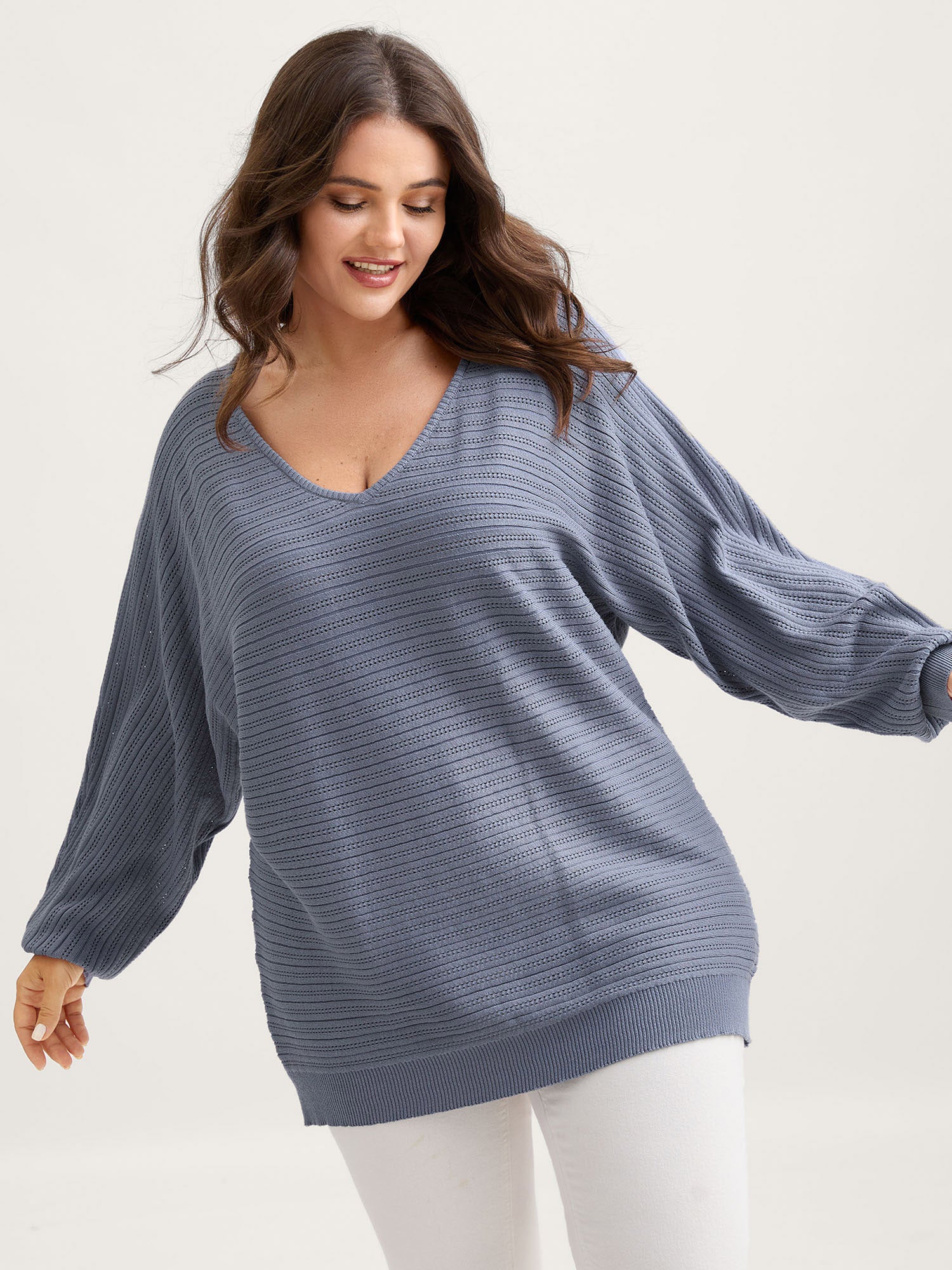 Supersoft Textured V-Neck Batwing Sleeve Pullover - Image 4