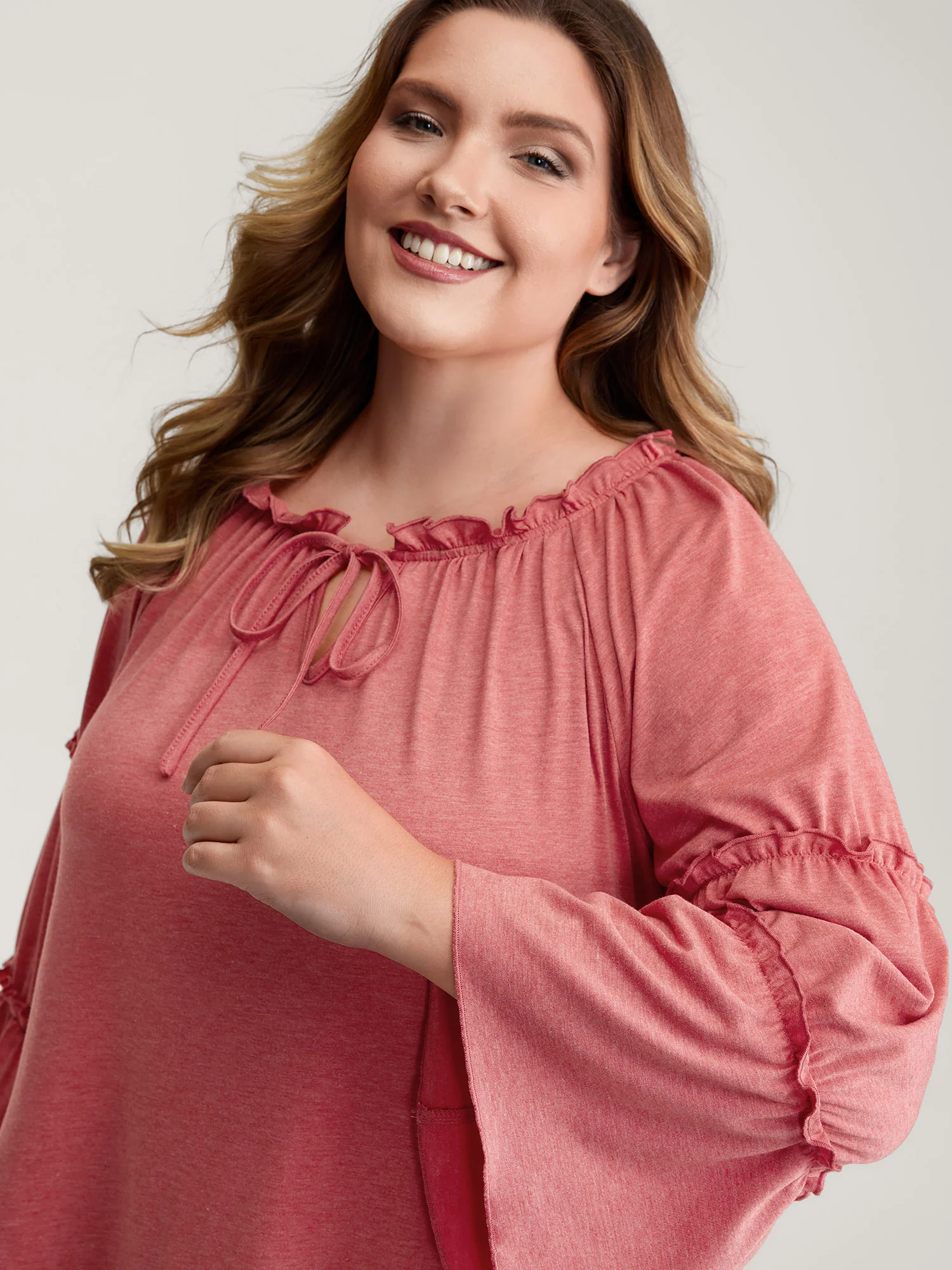 Supersoft Tiered Ruffled Sleeve Neck-Tie Top - Image 2