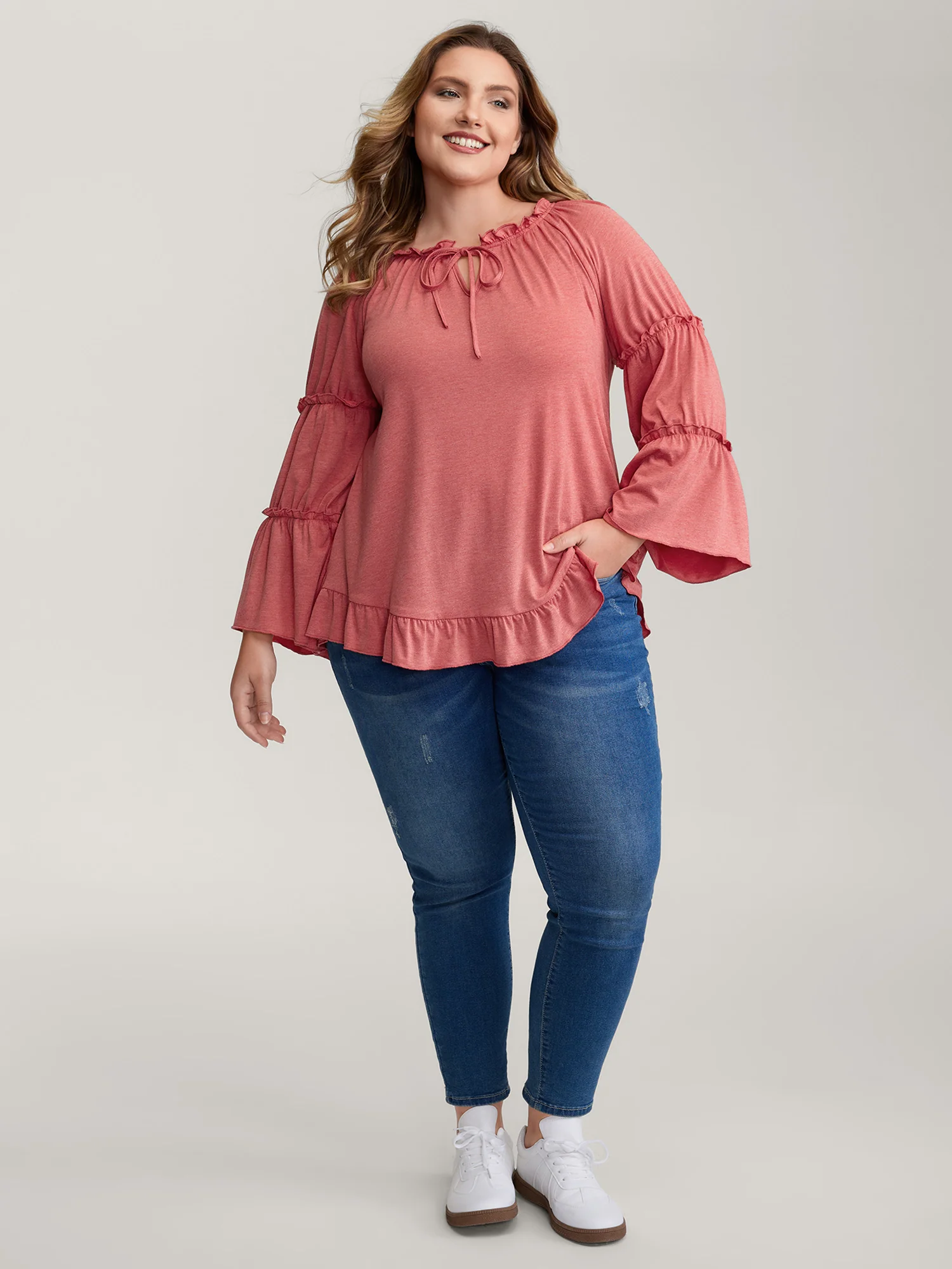 Supersoft Tiered Ruffled Sleeve Neck-Tie Top - Image 3