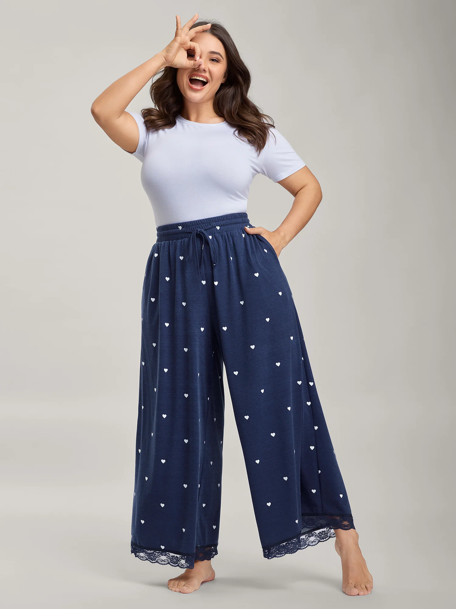 Supersoft Tiny Hearts Print Waist Drawstring Lounge Bottoms - Image 2