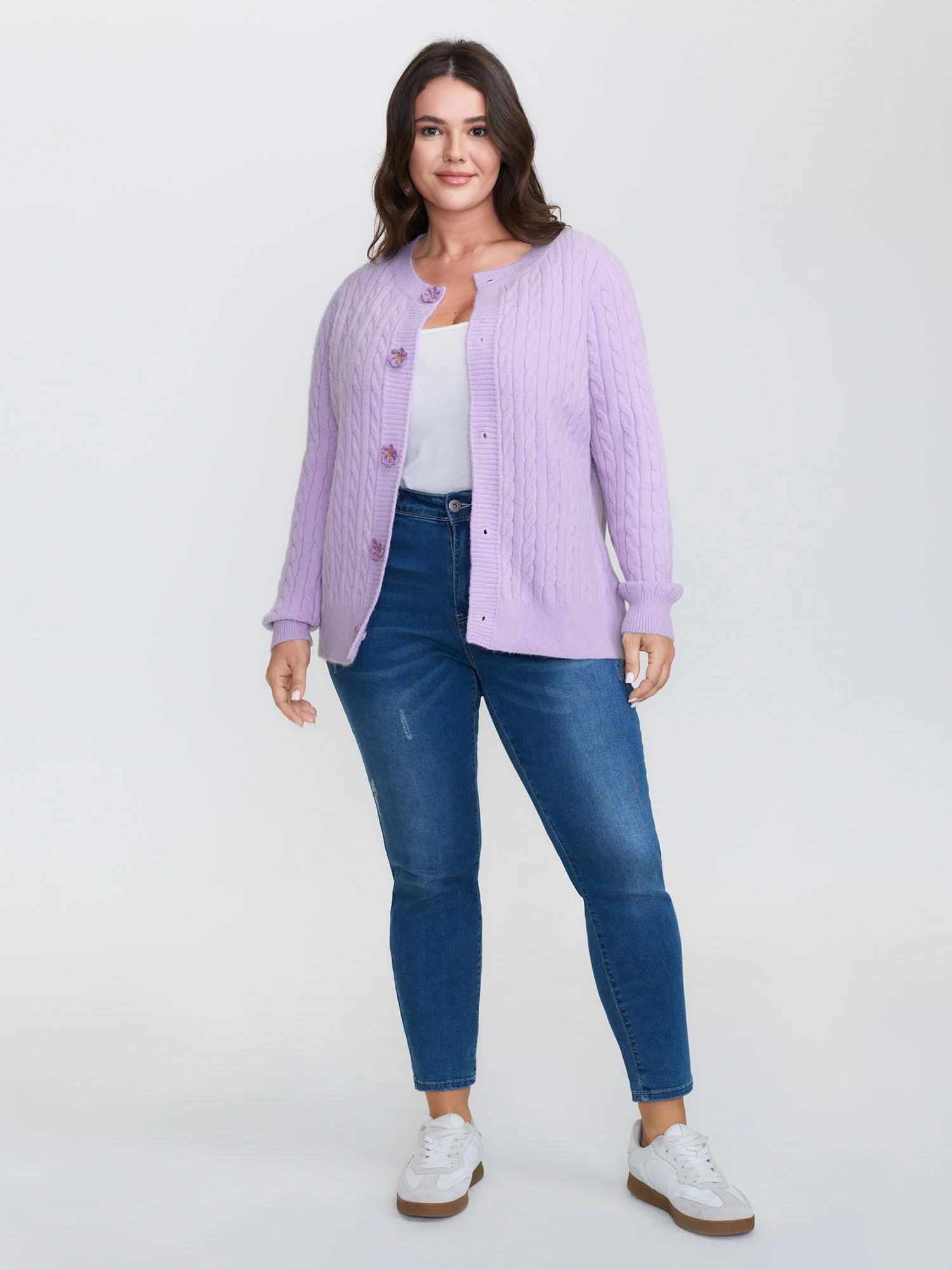 Supersoft Twist Textured Floral Buttons Knit Cardigan - Image 3