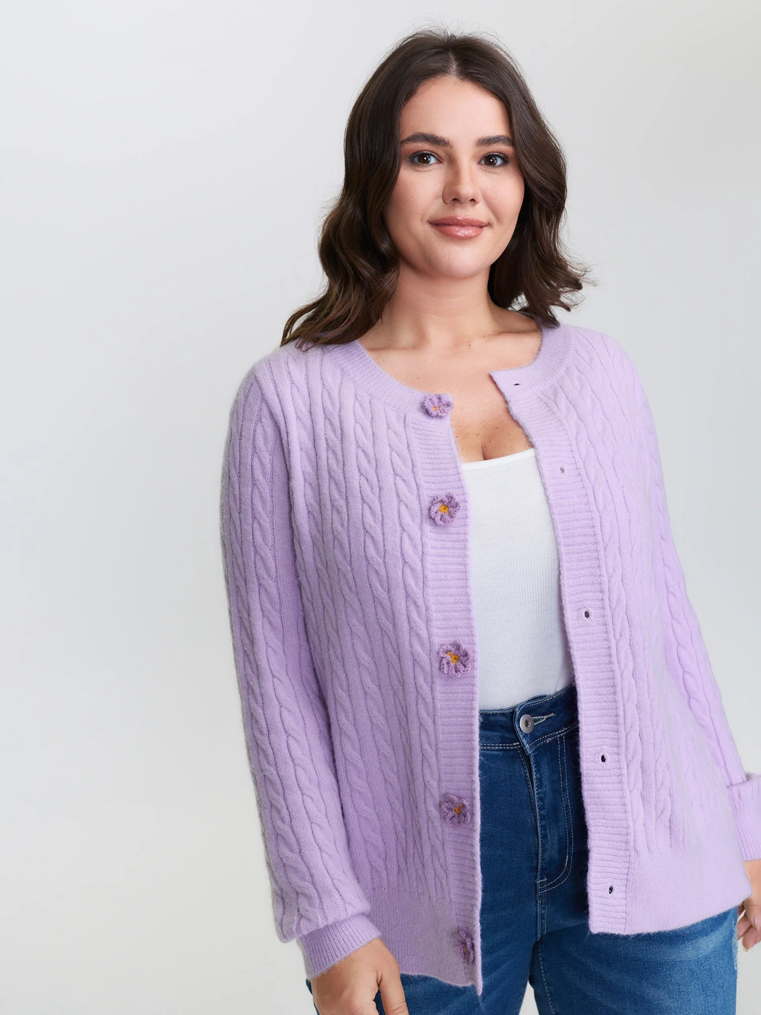 Supersoft Twist Textured Floral Buttons Knit Cardigan - Image 4