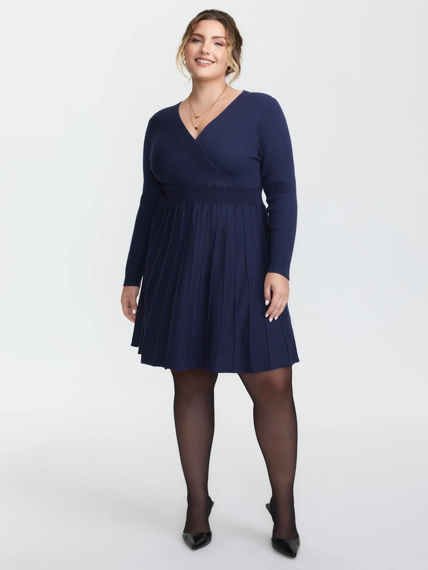 Supersoft Wrap Neck Cinched-Waist Sweater Dress - Image 3