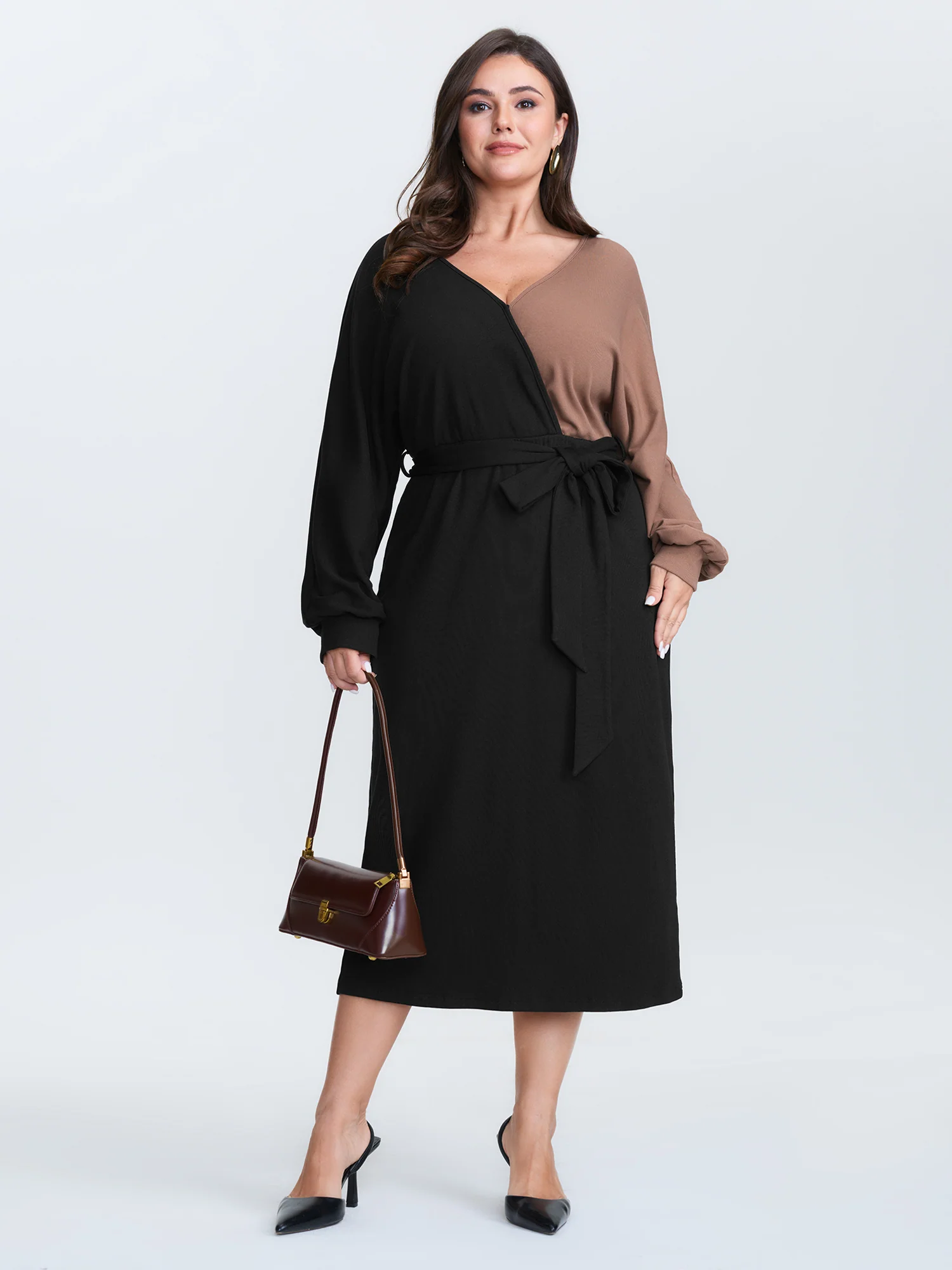 Surplice Neck Color Block Tie Waist Midi Dress - Image 3