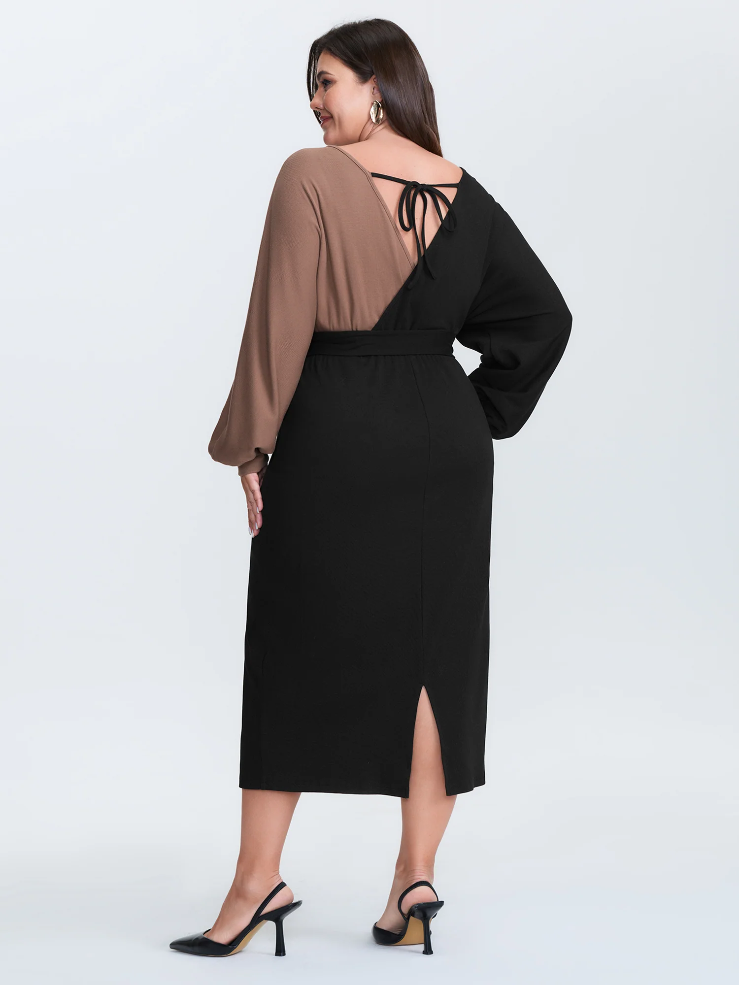 Surplice Neck Color Block Tie Waist Midi Dress - Image 4