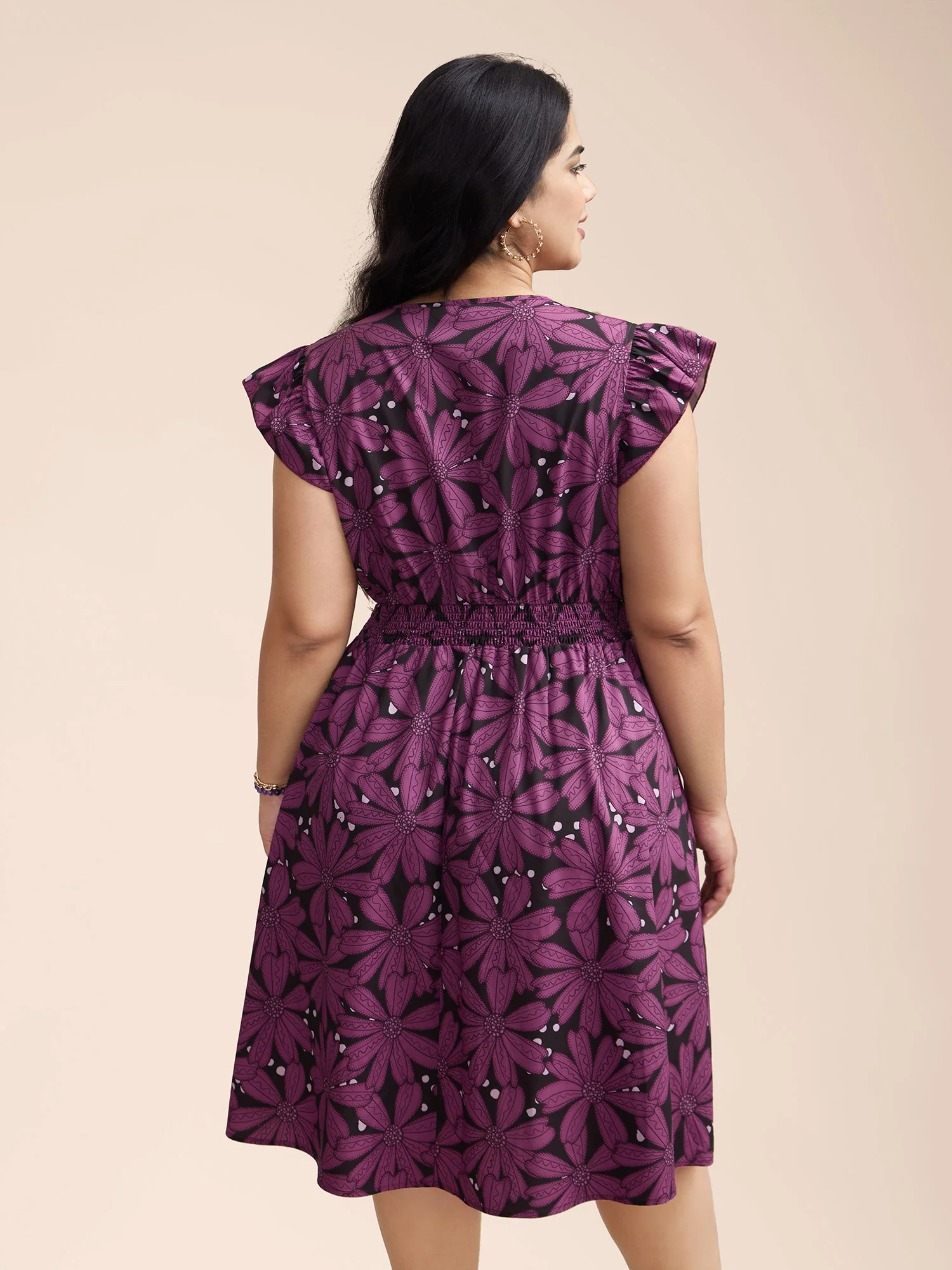 Surplice Neck Floral Shirred Elastic Waist Mini Dress - Image 2