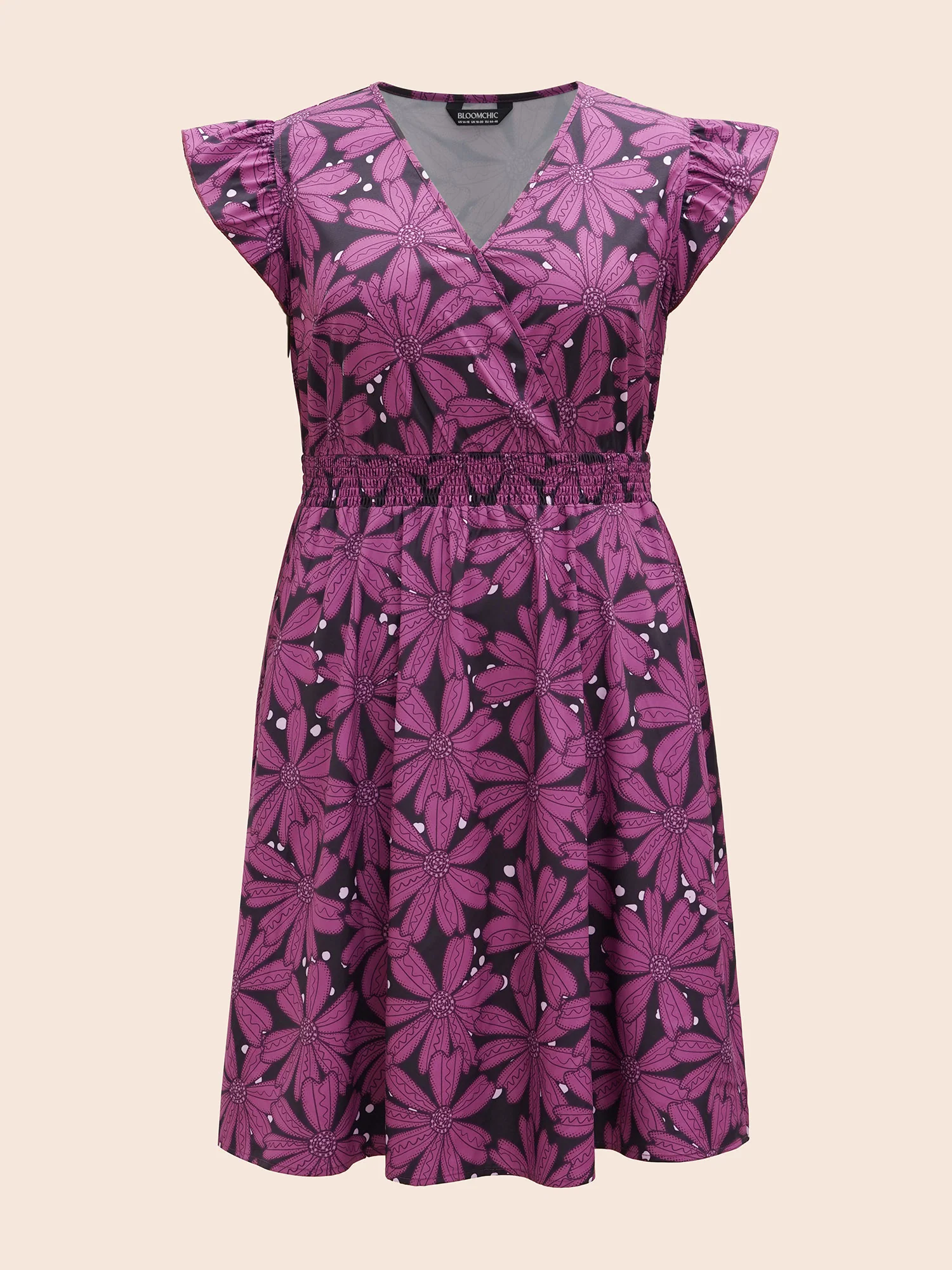 Surplice Neck Floral Shirred Elastic Waist Mini Dress - Image 7