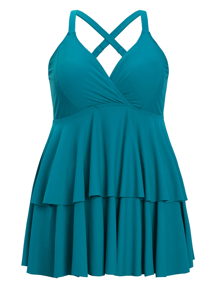 Surplice Neck Ruffle Tiered Crossover Adjustable Straps Swim Dress - Image 10