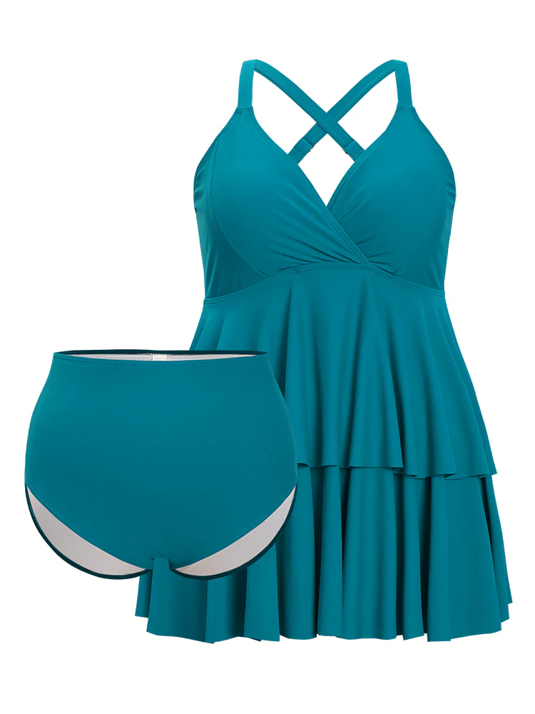 Surplice Neck Ruffle Tiered Crossover Adjustable Straps Swim Dress - Image 11