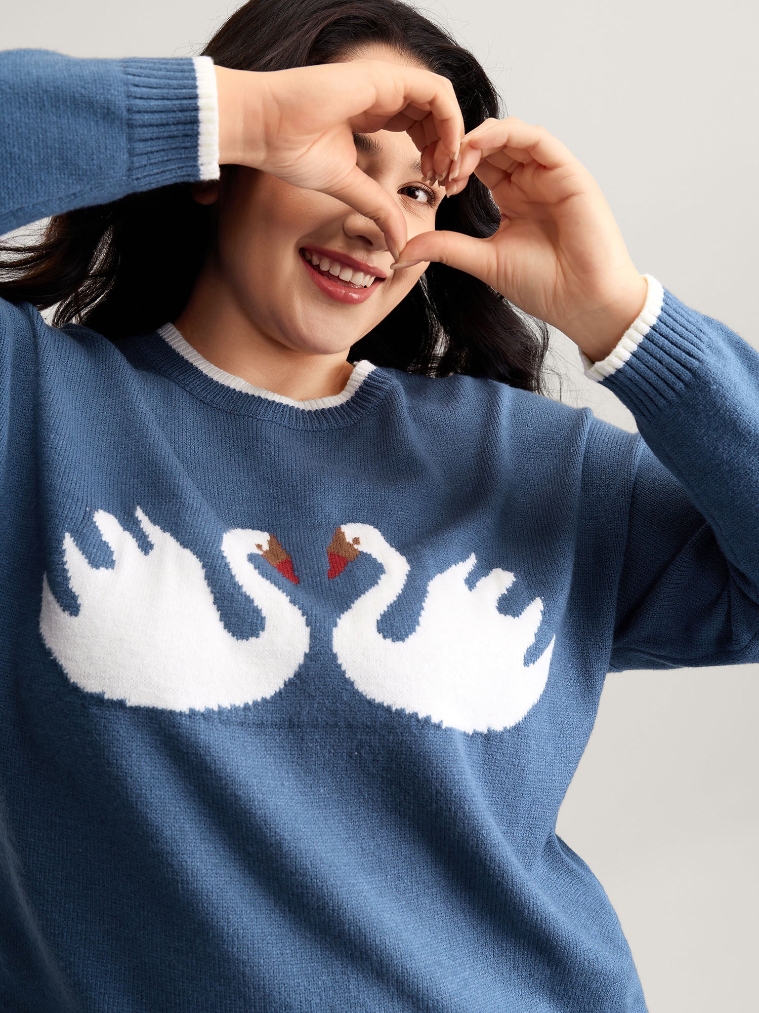 Swan Jacquard Pattern Color Contrast Pullover - Image 2