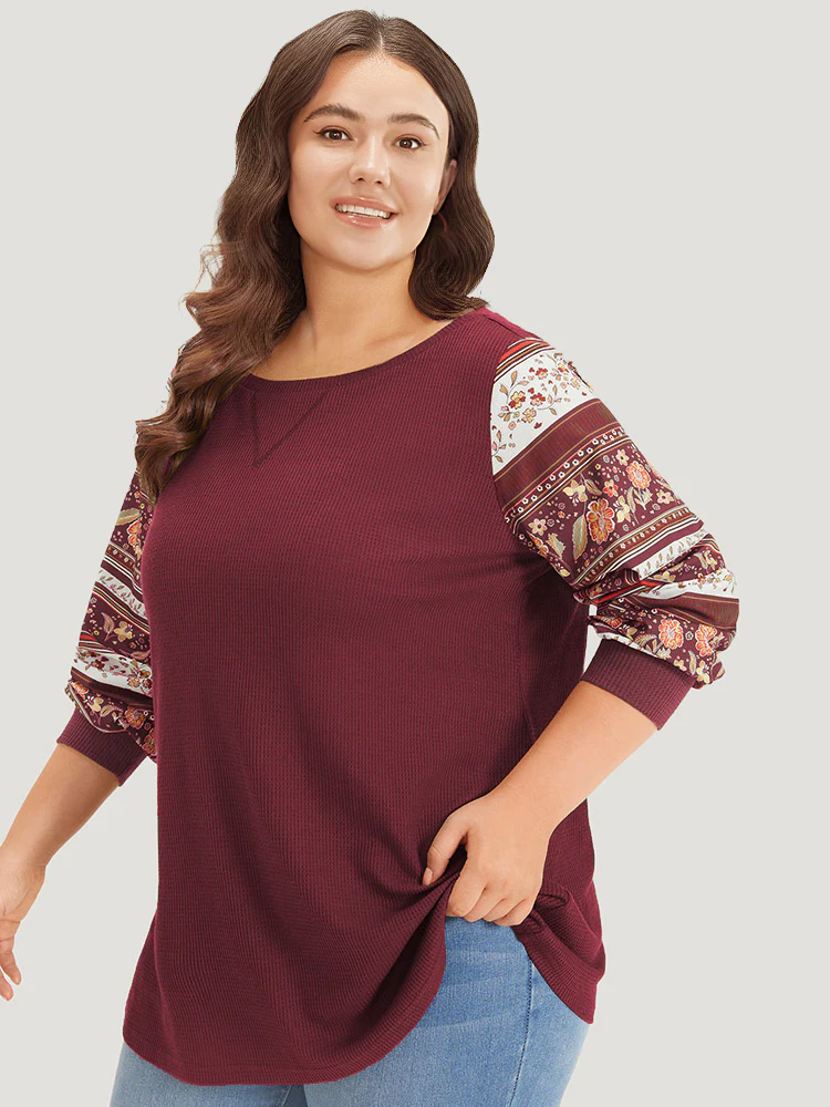 Boho Print Patchwork Crew Neck Sweatshirt - Image 3