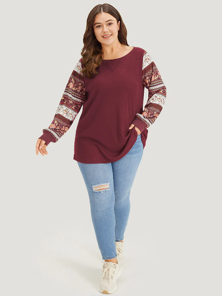 Boho Print Patchwork Crew Neck Sweatshirt - Image 4