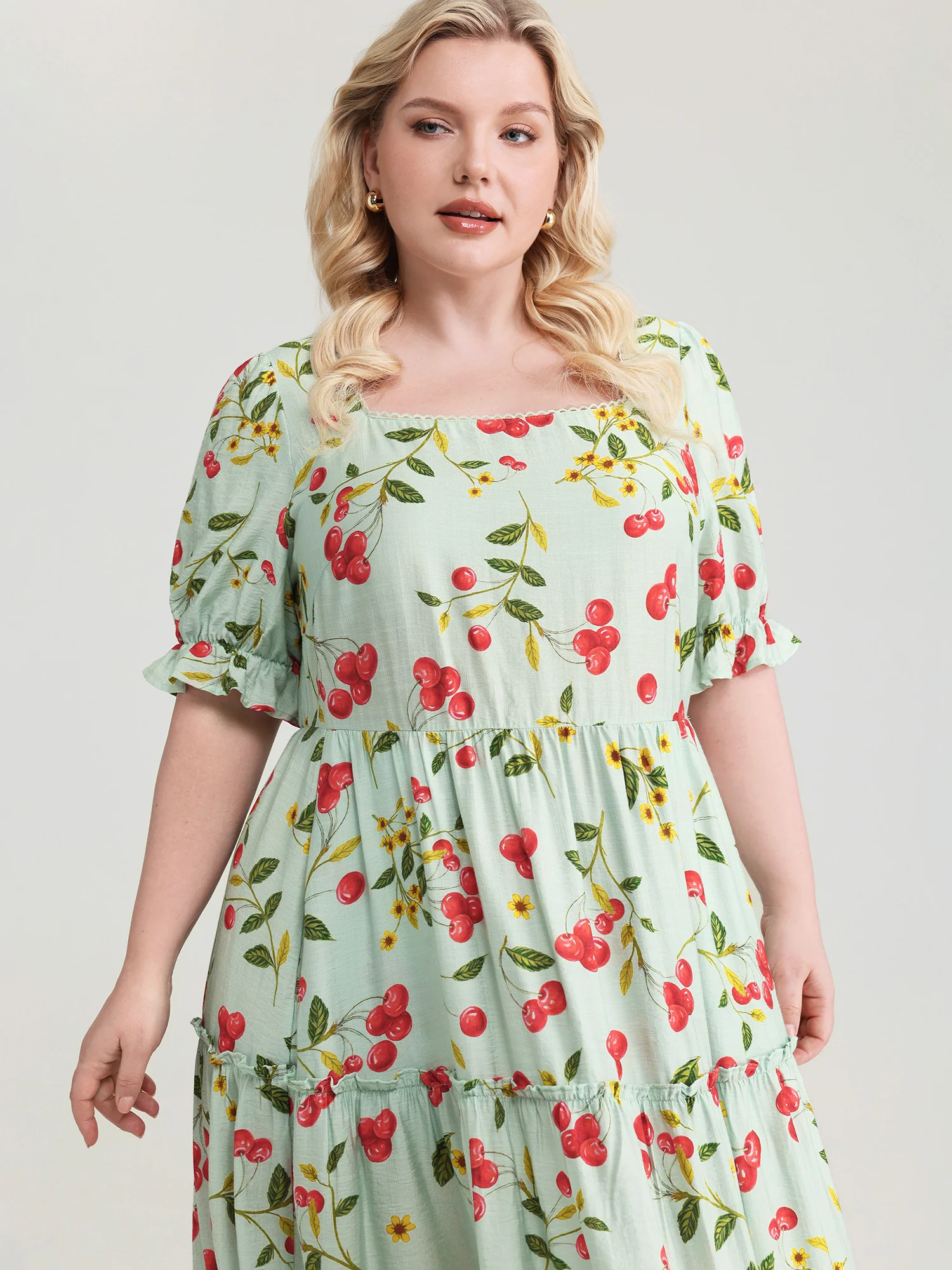 Sweet Cherry Print Puffy Sleeve Midi Dress - Image 2