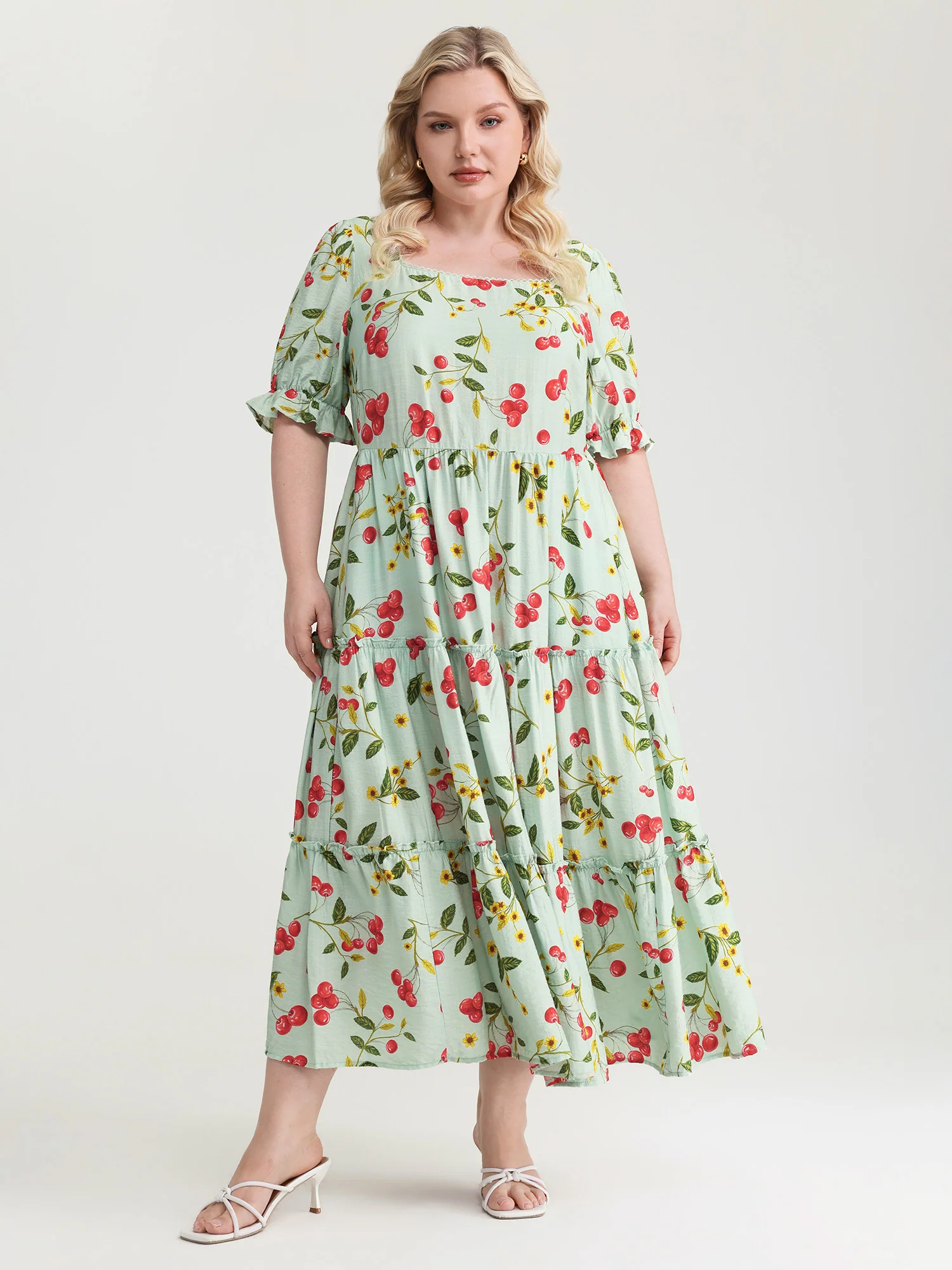 Sweet Cherry Print Puffy Sleeve Midi Dress - Image 3