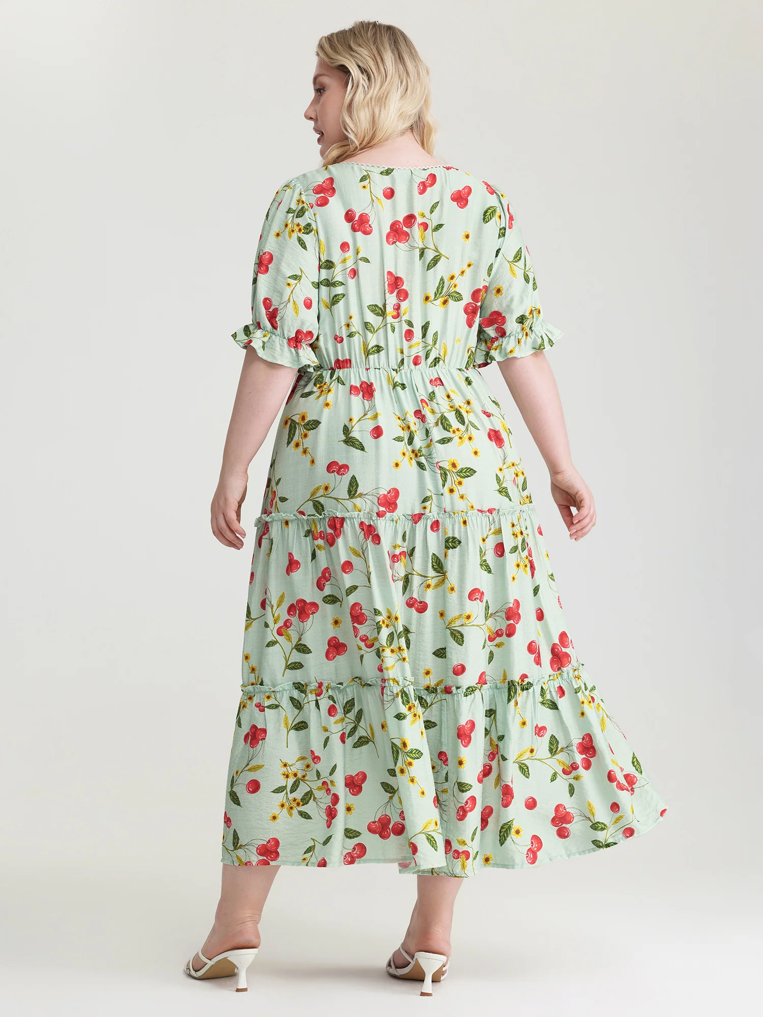 Sweet Cherry Print Puffy Sleeve Midi Dress - Image 4