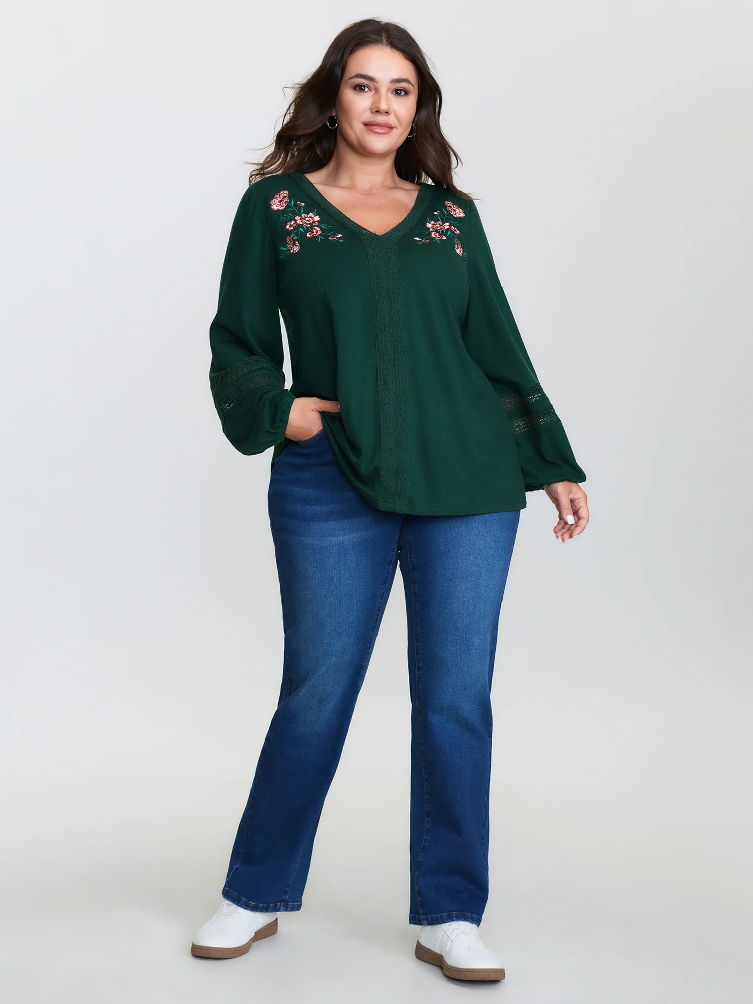 Sweet Floral Embroidery Lace Trim T-Shirt - Image 3