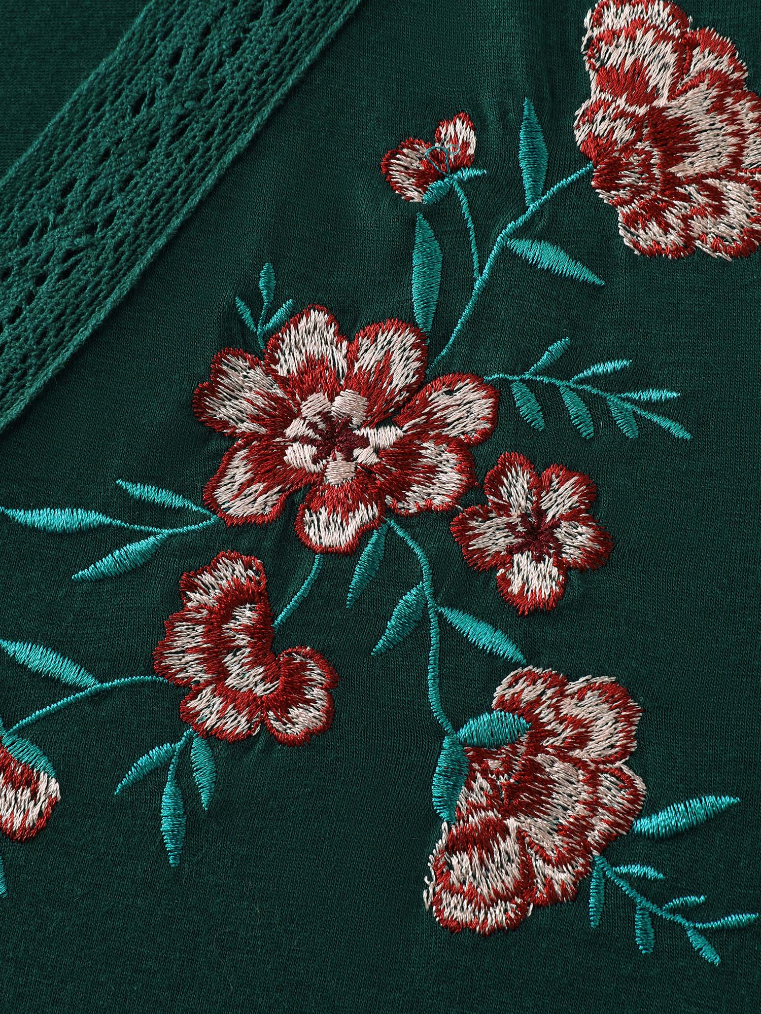 Sweet Floral Embroidery Lace Trim T-Shirt - Image 5