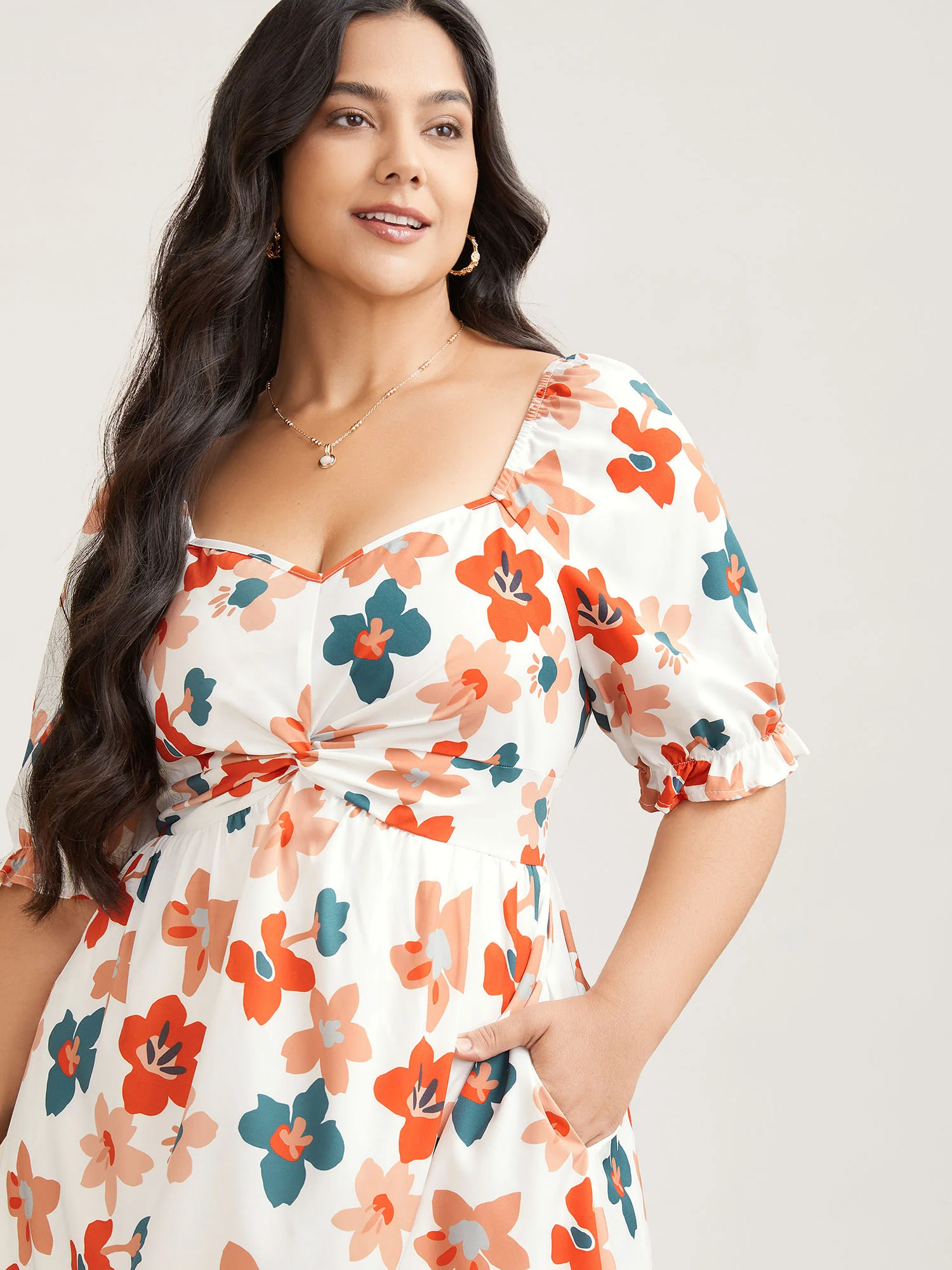 Sweet Floral Front-Twist Lined Midi Dress - Image 2