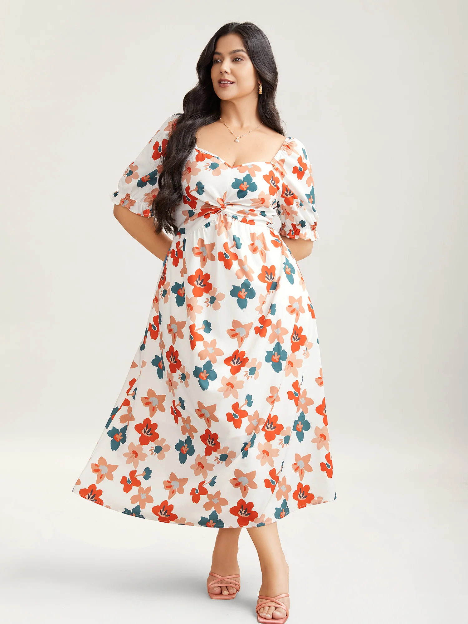 Sweet Floral Front-Twist Lined Midi Dress - Image 3
