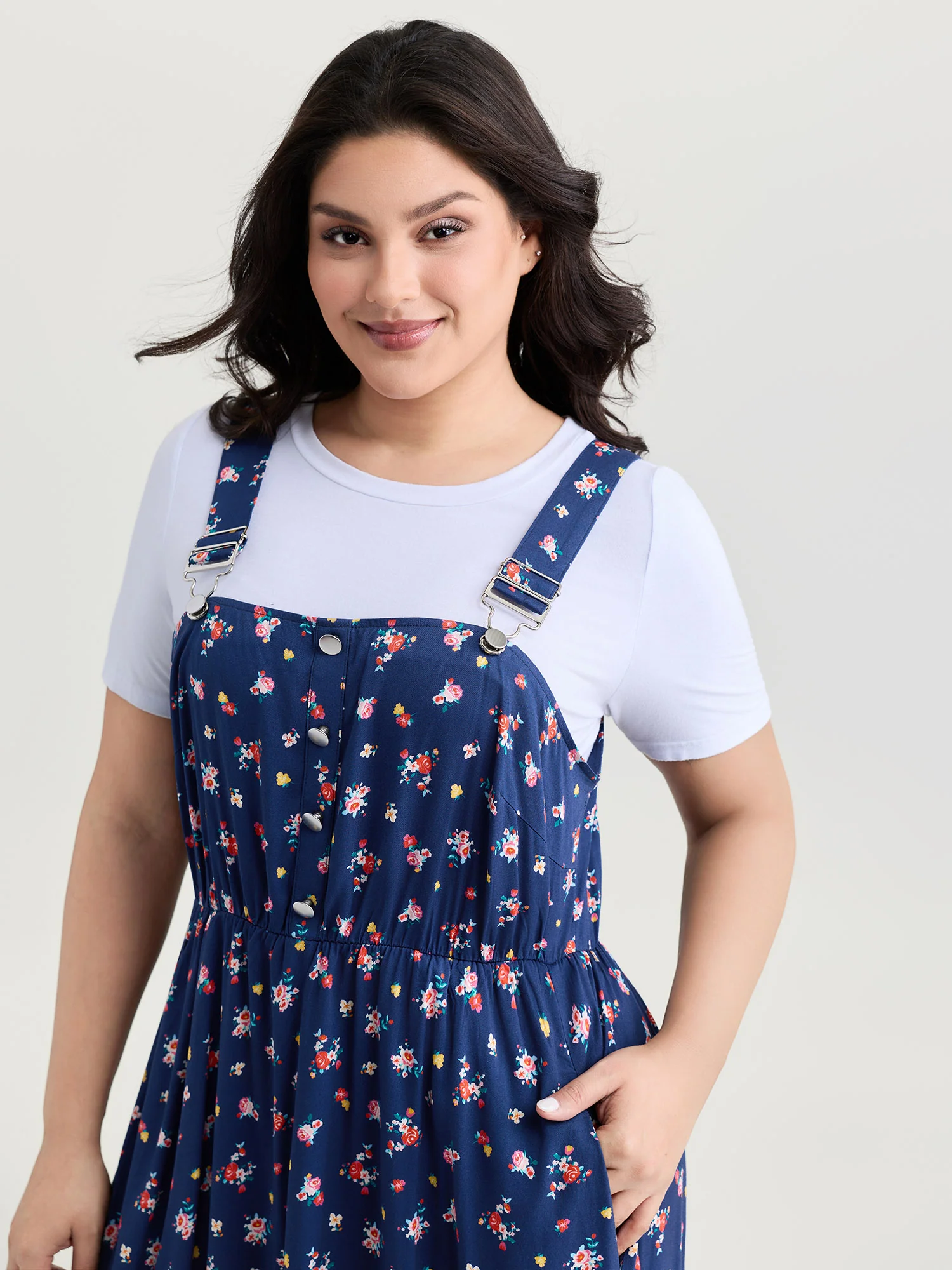 Sweet Floral Print Adjustable Midi Overall Dress - Image 2